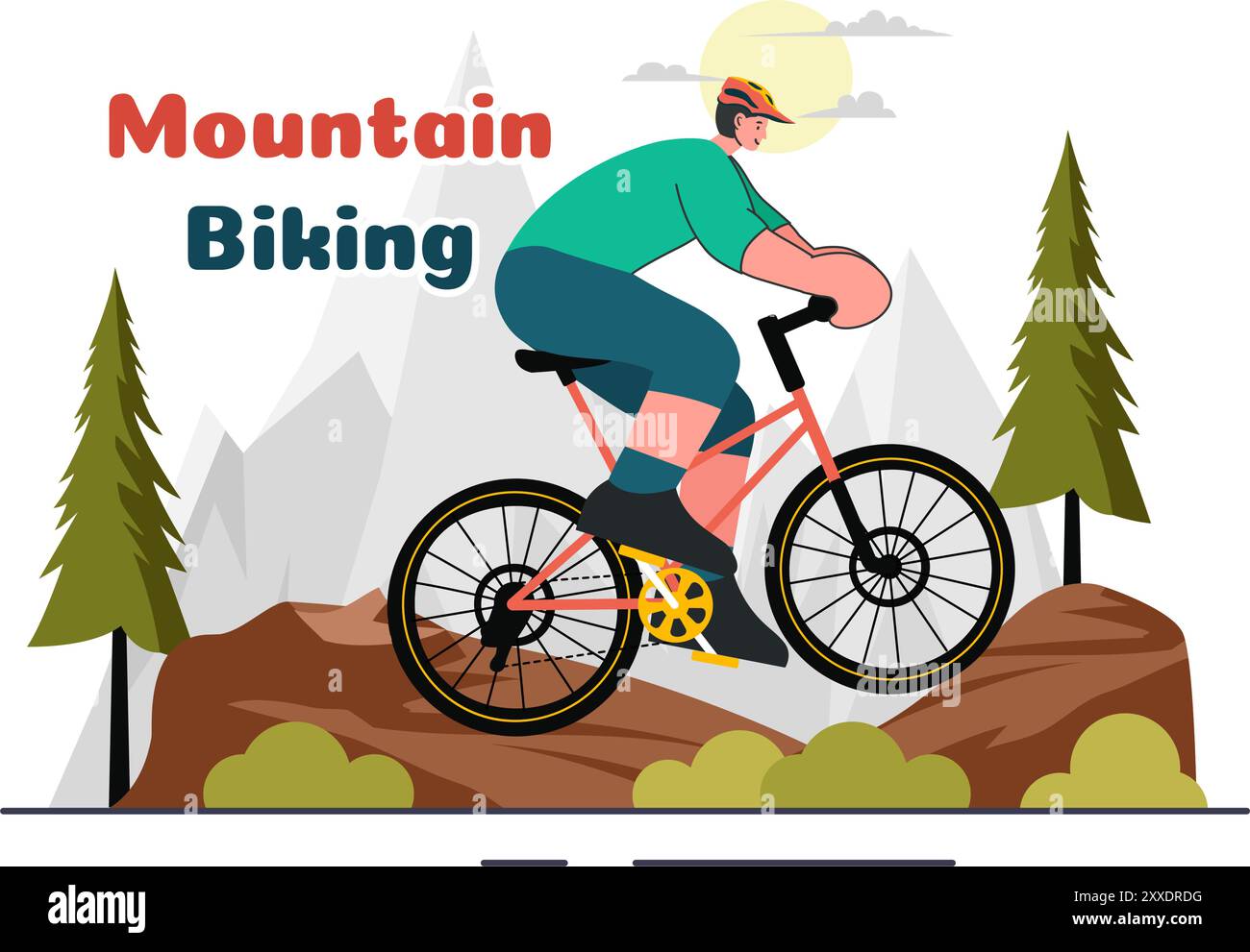 Mountain Biking Vector Illustration mit Radfahrern, die die Berge für Sport, Freizeit und einen gesunden Lebensstil in einem flachen Hintergrund reiten Stock Vektor