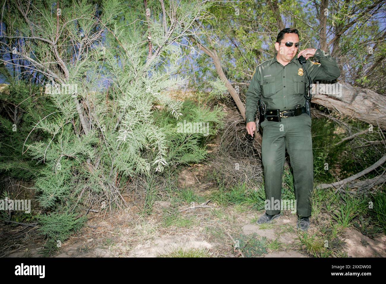 Der US-Grenzschutzbeamte Ramon Cordero inspiziert das Flussbett des meist getrockneten Rio Grande, das die mexikanische Stadt Ciudad Juarez und El Paso, Texas, teilt. Stockfoto