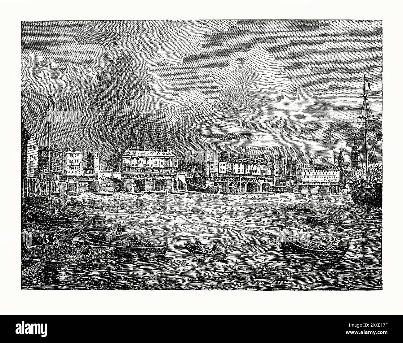 Ein alter Stich der London Bridge, Themse, London, England, Großbritannien um 1760. Es stammt aus einem viktorianischen Geschichtsbuch aus dem jahr 1900. Männer arbeiten an Bord verschiedener Schiffe auf dem Wasser. Die Brücke wird so gezeigt, wie sie Mitte des 18. Jahrhunderts erschien, als sie mit mehreren Stockwerken hohen Häusern und Türmen überfüllt war. Dies ist etwa die Zeit, als strukturelle Veränderungen vorgenommen wurden (1758–1762). Häuser wurden entfernt und die beiden zentralen Bögen durch eine einzige Spannweite ersetzt. Stockfoto Ein alter Stich der London Bridge, Themse, London, England, Großbritannien um 1760. Es stammt aus einem viktorianischen Geschichtsbuch aus dem jahr 1900. Männer arbeiten an Bord verschiedener Schiffe auf dem Wasser. Die Brücke wird so gezeigt, wie sie Mitte des 18. Jahrhunderts erschien, als sie mit mehreren Stockwerken hohen Häusern und Türmen überfüllt war. Dies ist etwa die Zeit, als strukturelle Veränderungen vorgenommen wurden (1758–1762). Häuser wurden entfernt und die beiden zentralen Bögen durch eine einzige Spannweite ersetzt. Stockfoto