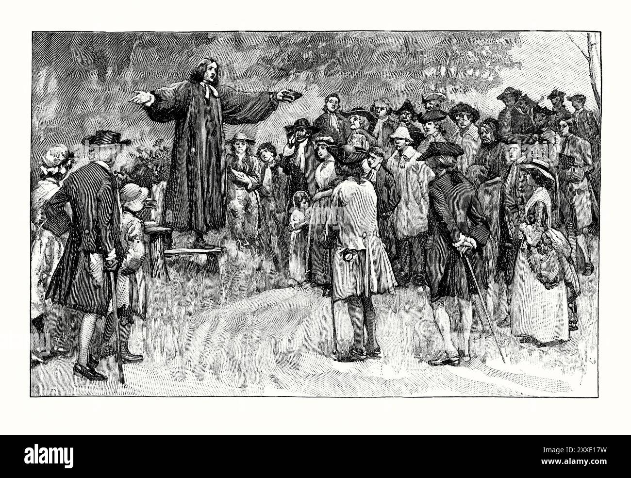 Ein alter Stich des methodistischen Wanderpredigers George Whitefield (oder Whitfield), England, Großbritannien in den 1700er Jahren Es stammt aus einem viktorianischen Geschichtsbuch aus dem jahr 1900. George Whitefield (1714–1770), auch bekannt als George Whitfield, war ein englischer anglikanischer Pfarrer und Prediger, der einer der Gründer des Methodismus und der evangelischen Bewegung war. Geboren in Gloucester, studierte er 1732 am Pembroke College in Oxford. Dort schloss er sich dem „Holy Club“ an und wurde John und Charles Wesley vorgestellt, mit denen er in seinem späteren amt eng zusammenarbeiten sollte. Im Gegensatz zu den Wesleys war er für den Calvinismus verantwortlich. Stockfoto Ein alter Stich des methodistischen Wanderpredigers George Whitefield (oder Whitfield), England, Großbritannien in den 1700er Jahren Es stammt aus einem viktorianischen Geschichtsbuch aus dem jahr 1900. George Whitefield (1714–1770), auch bekannt als George Whitfield, war ein englischer anglikanischer Pfarrer und Prediger, der einer der Gründer des Methodismus und der evangelischen Bewegung war. Geboren in Gloucester, studierte er 1732 am Pembroke College in Oxford. Dort schloss er sich dem „Holy Club“ an und wurde John und Charles Wesley vorgestellt, mit denen er in seinem späteren amt eng zusammenarbeiten sollte. Im Gegensatz zu den Wesleys war er für den Calvinismus verantwortlich. Stockfoto