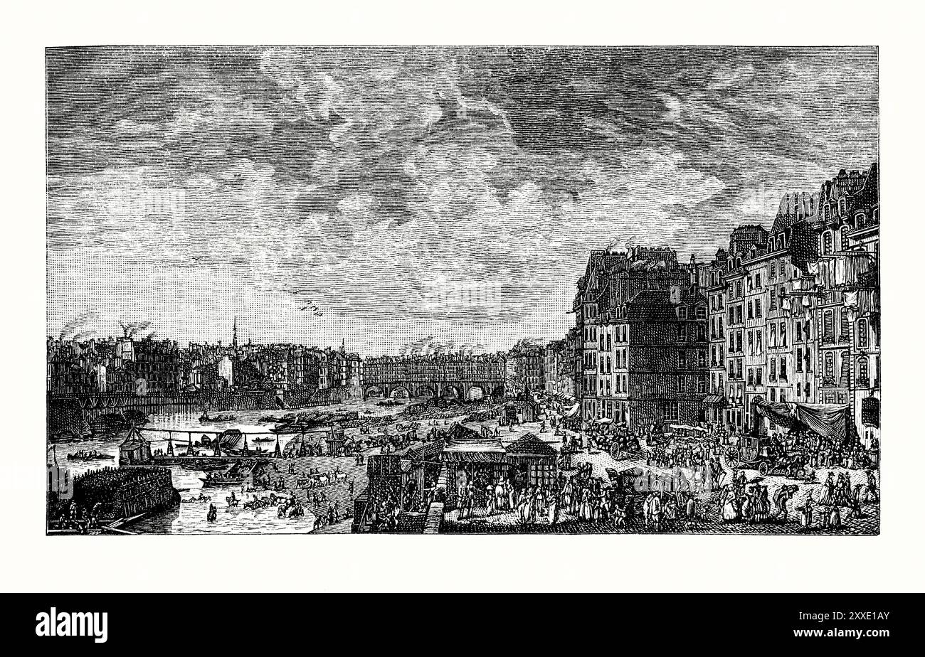 Das Hafengebiet des Hafens von Paris, Frankreich im Jahr 1782. Es stammt aus einem viktorianischen Geschichtsbuch aus dem jahr 1900. An den Ufern der seine gab es viele kommerzielle Aktivitäten mit Schiffen und Lastkähnen (Lastkähnen), die Fracht beladen und entladen. Dieses Gebiet umfasst den Bassin de l’Arsenal (Port de l’Arsenal), ein Bootsbecken. Er verbindet den Canal Saint-Martin, der am Place de la Bastille beginnt, mit der seine am Quai de la Rapée. Stockfoto