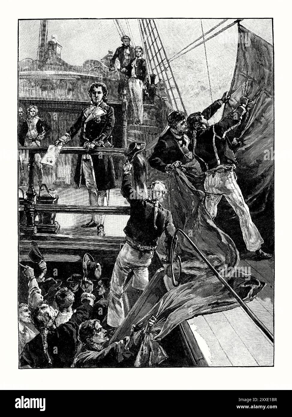 Ein alter Gravur der Meuterei von 1797 in Spithead, The Solent, nahe Portsmouth, England, Großbritannien. Es stammt aus einem viktorianischen Geschichtsbuch aus dem jahr 1900. Hier ziehen die Seeleute der HMS Royal George die rote Flagge der Marine herunter. Die Meuterei dauerte vom 16. April bis zum 15. Mai 1797. Seeleute auf 16 Schiffen der Kanalflotte unter dem Kommando von Admiral Lord Bridport protestierten gegen die Lebensbedingungen an Bord der Schiffe der Royal Navy und verlangten eine Gehaltserhöhung, bessere Rationen, mehr Landurlaub und Entschädigung für Krankheit und Verletzungen. Stockfoto