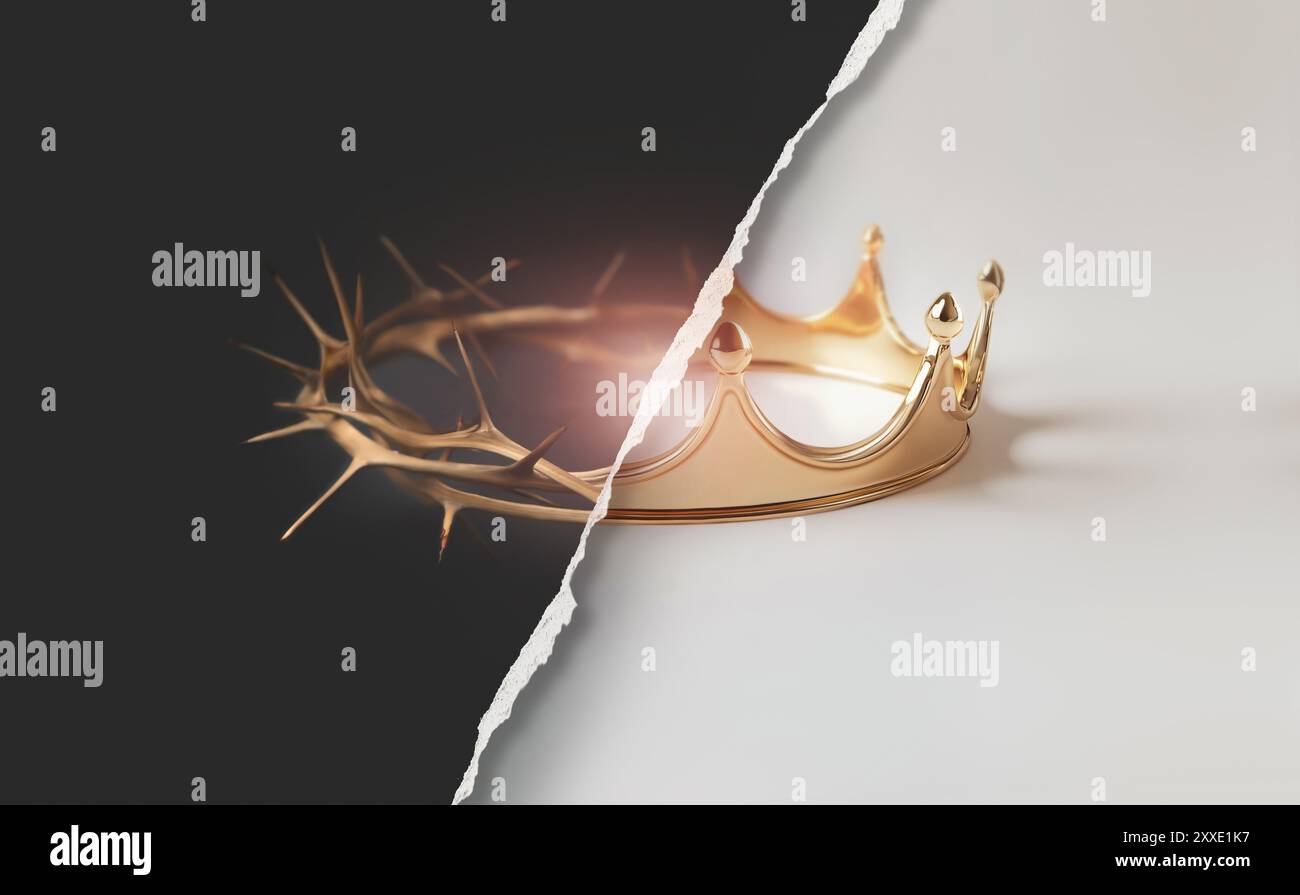 Die Umkehr der Dornenkrone und der Krone symbolisiert das Leiden, der Hintergrund der Karwoche symbolisiert den Tod und die Auferstehung Jesu Stockfoto