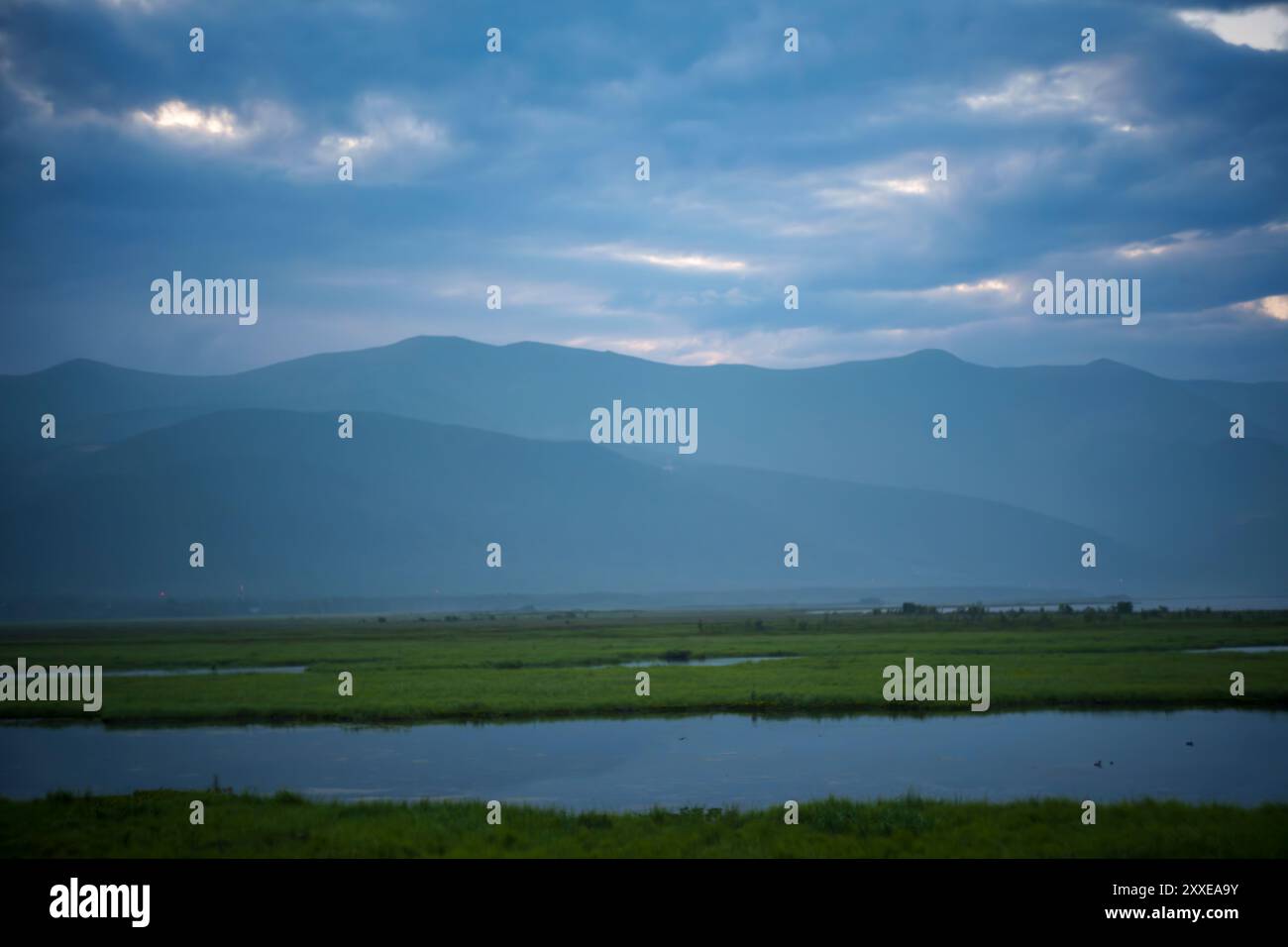 Ein ruhiger See mit nebeligen Bergen bei Sonnenaufgang, umgeben von üppigem Grün unter einem bewölkten Himmel. Die beschauliche Landschaft betont Frieden und Einsamkeit. Stockfoto