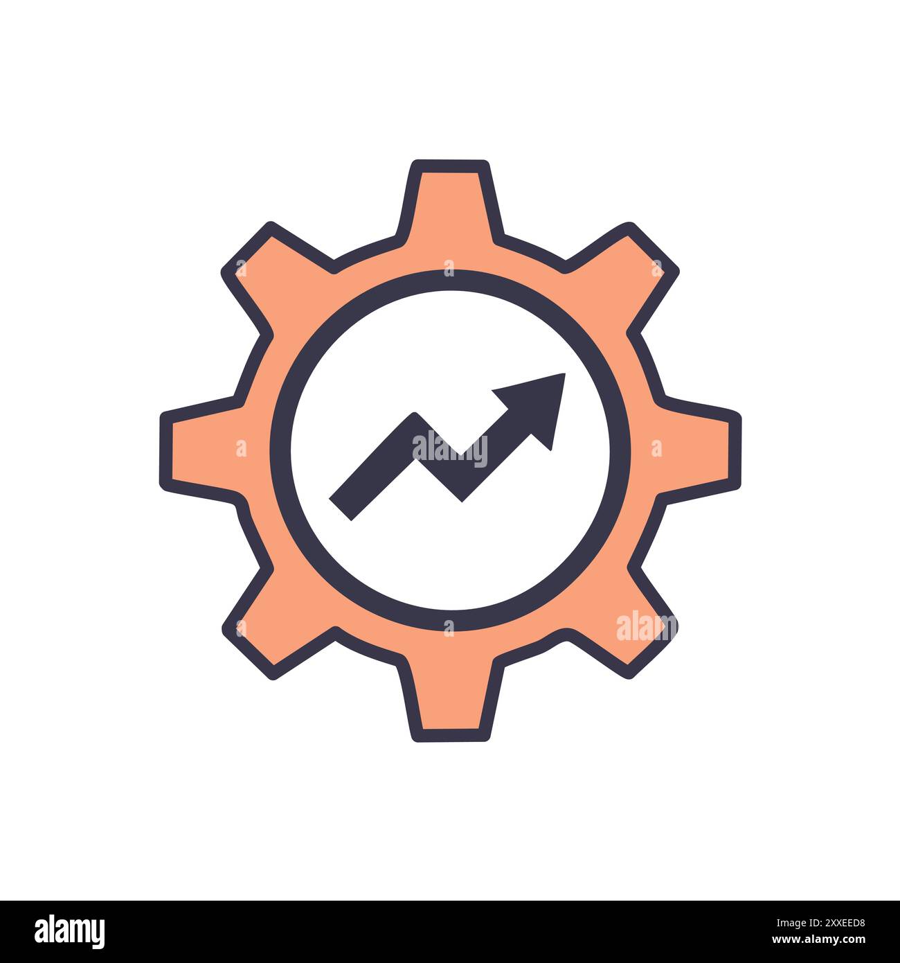 Zahnradsymbol für Wachstum und Produktivität. Eine stilisierte Grafik eines Zahnrads mit einem aufwärts gerichteten Trendpfeil innen, der Wachstum, Effizienz und prog symbolisiert Stock Vektor