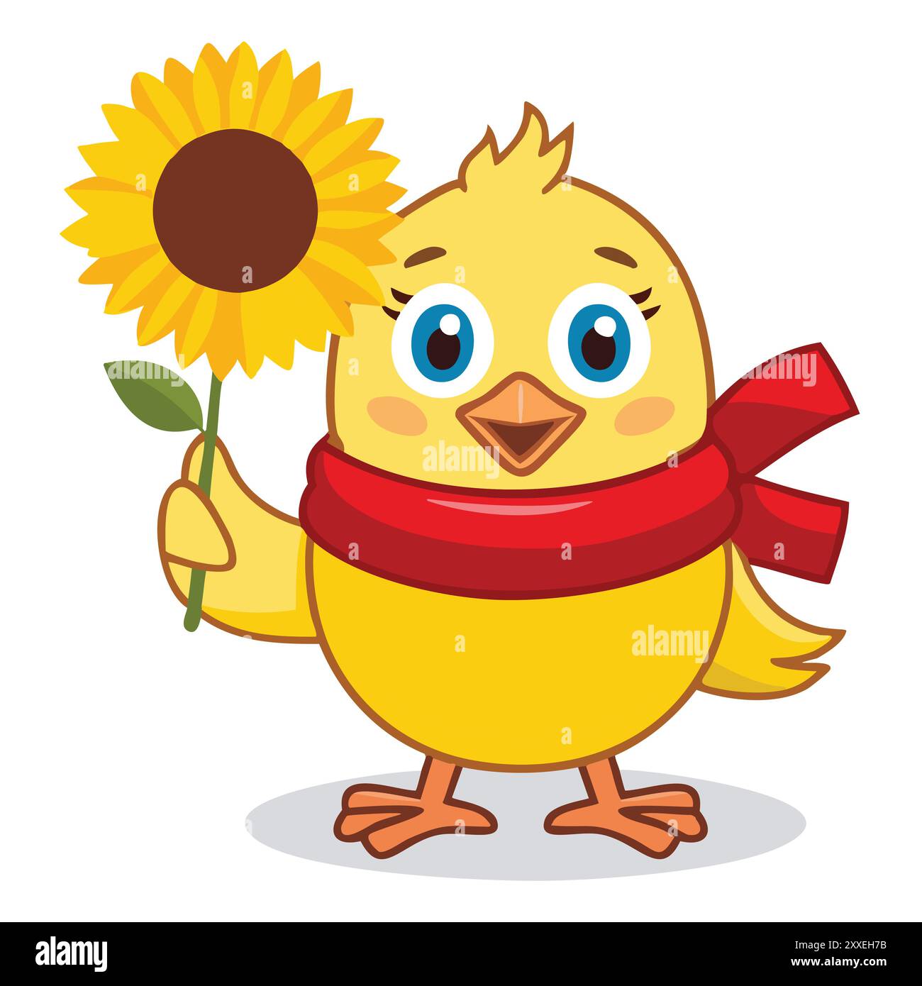 Süßes Mädchen mit Sonnenblume. Entzückende gelbe Küken mit einem roten Schal, der eine helle Sonnenblume hält. Perfekt für Frühlings- oder Sommermotive. Stock Vektor