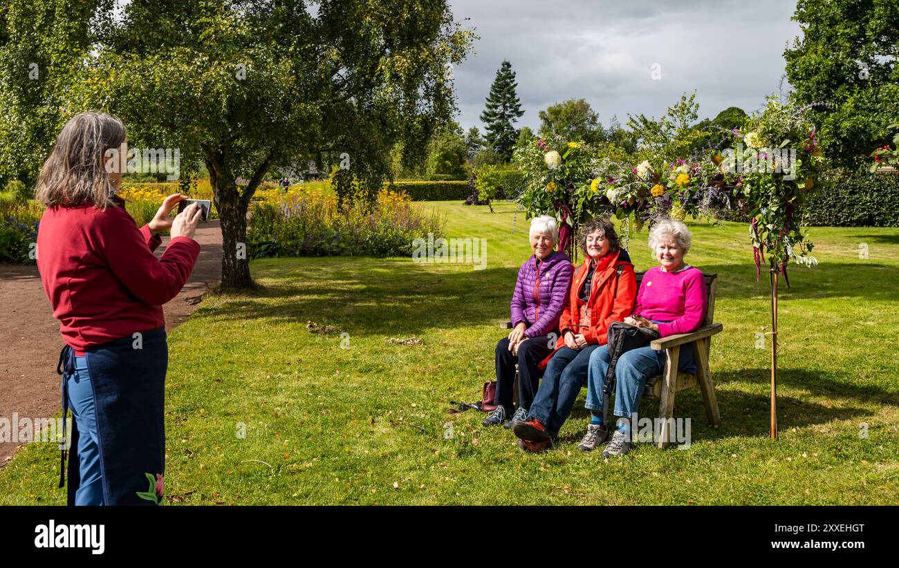 Amisfield Wall Garden, Haddington, East Lothian, Schottland, Großbritannien. Scotland’s Gardens Scheme Free Gardeners: Ein großer ummauerter Garten aus dem 18. Jahrhundert markiert die Geschichte des Ordens der Free Gardeners, einer im 17. Jahrhundert gegründeten brüderlichen Gesellschaft. Der älteste Beweis ist die 1676 eröffnete Haddington Lodge. Die ersten Mitglieder der Lodge waren kleine Landbesitzer und Bauern, die zum Vergnügen Gartenarbeit praktizierten, wie eine frühe gewerkschaft. Im Bild: Besucher genießen die farbenfrohe Blumenkämme. Quelle: Sally Anderson/Alamy Live News Stockfoto