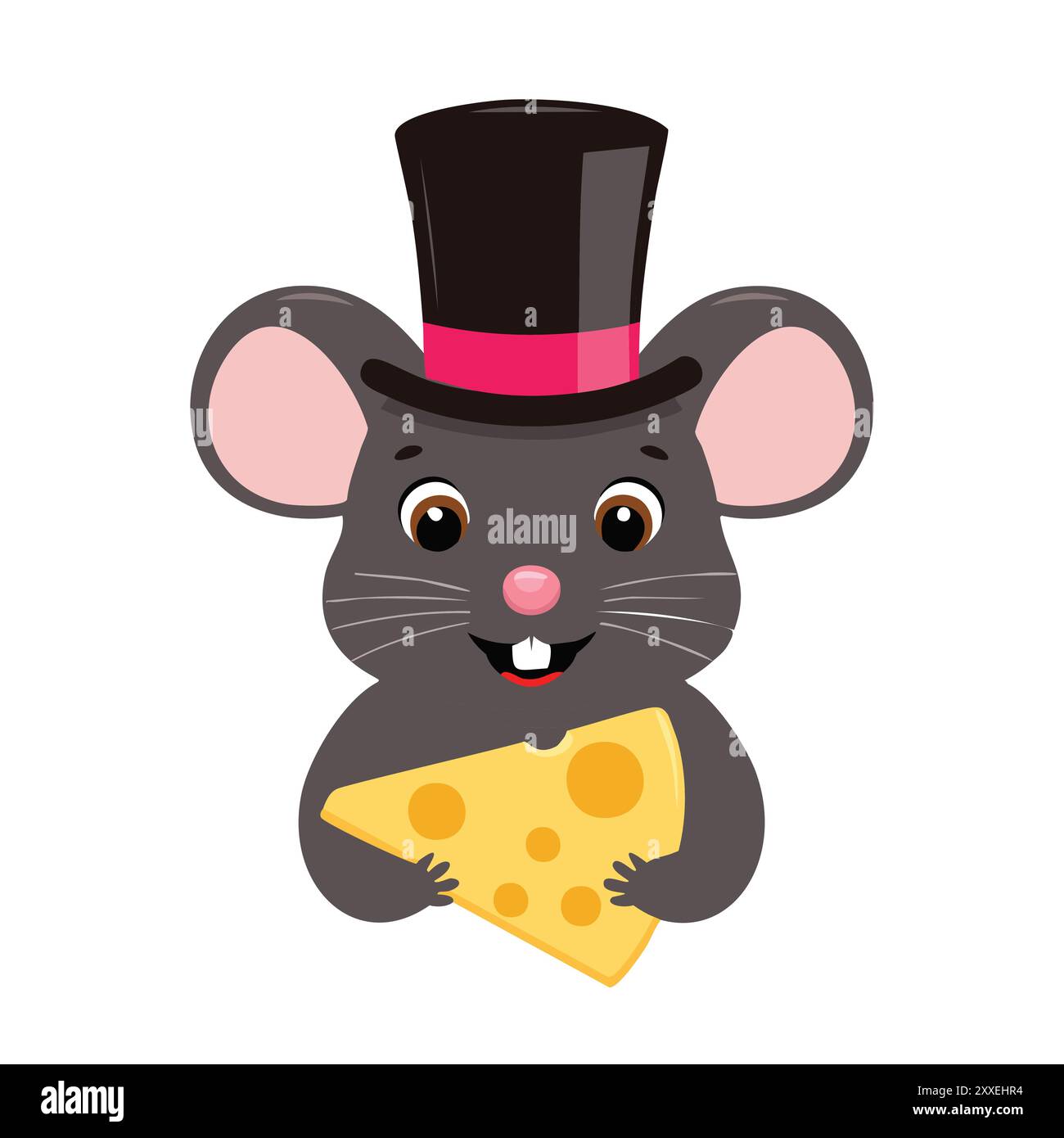 Niedliche Maus im Hut mit Käse. Entzückende Karikaturmaus in einem Hut, der einen Keil Käse hält. Perfekt für Illustrationen für Kinder, Lebensmittel Stock Vektor