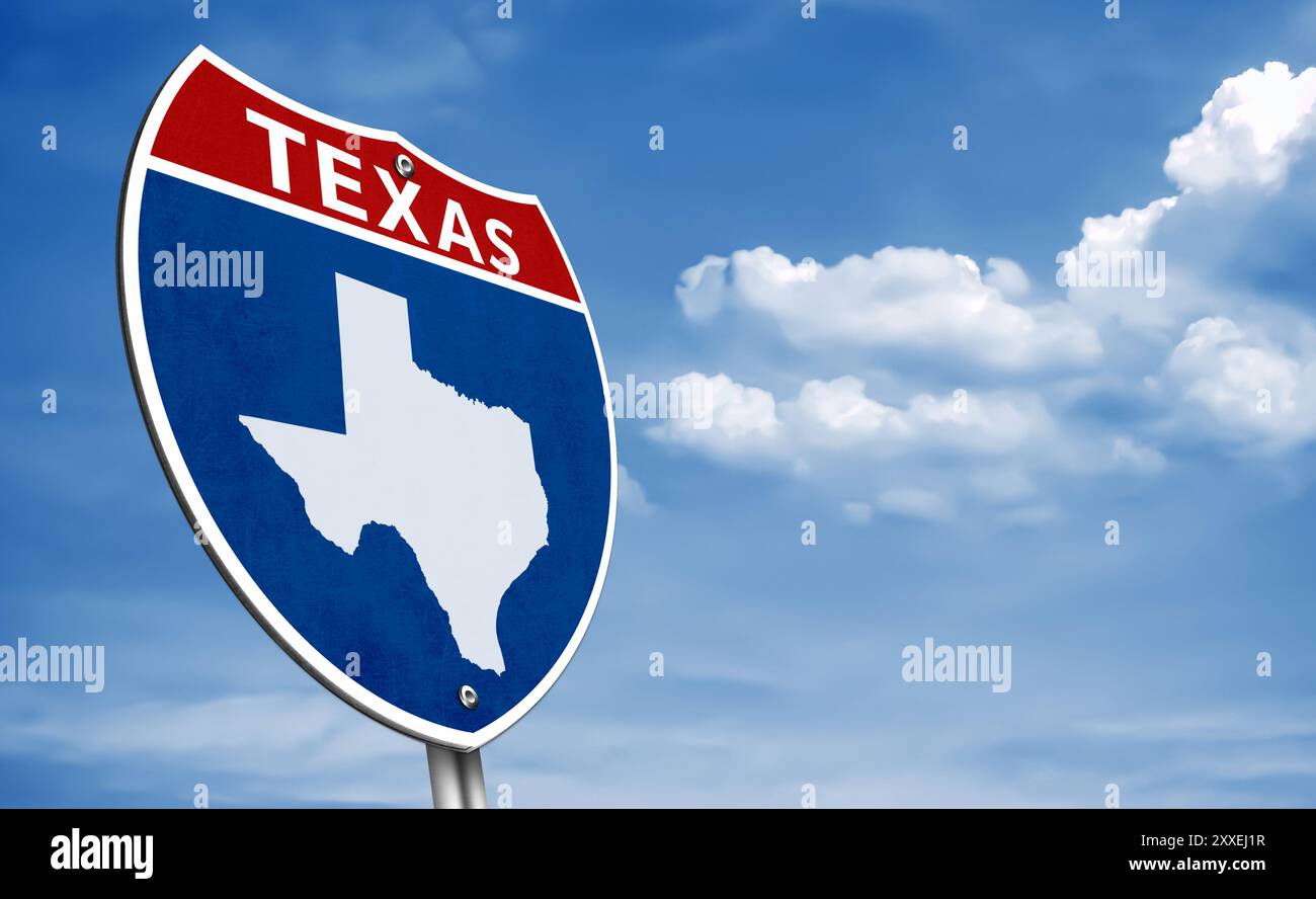 Texas State Map am Straßenschild der Interstate Stockfoto