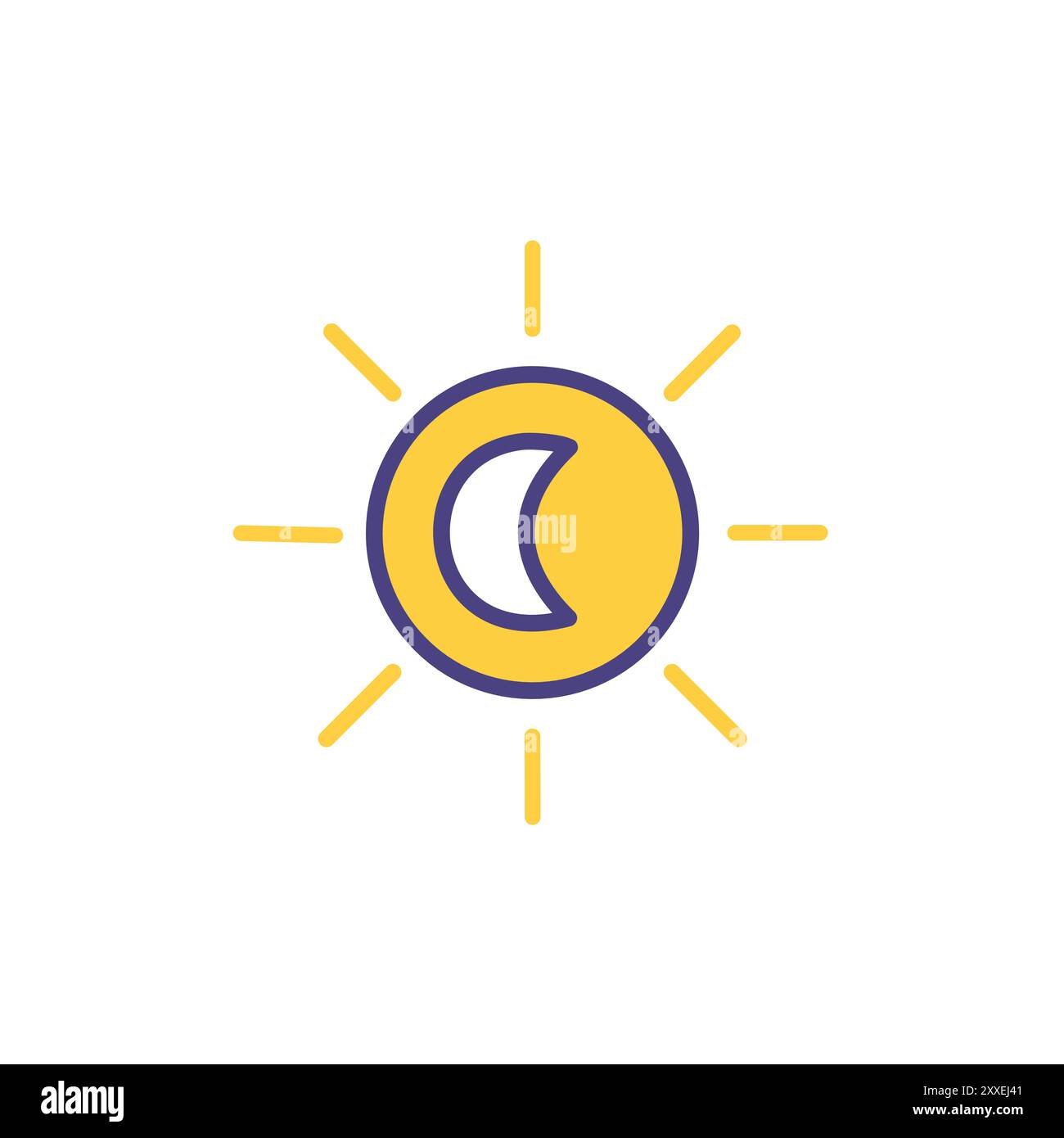 Tag und Nacht Symbol mit Sonne und Mond. Dieses Symbol zeigt eine gelbe Sonne mit Strahlen und einen Halbmond an, die Tag und Nacht repräsentiert. Perfekt für Websites, Stock Vektor