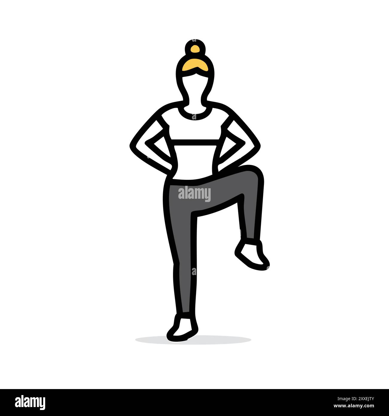 Frau, die Beintraining macht. Einfache Strichgrafik-Illustration einer Frau, die ihr Bein während eines Workout-Trainings hochhebt. Stock Vektor