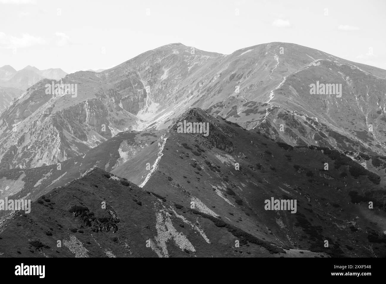 Schwarzweiß-Foto mit einem natürlichen Blick auf die Berge Stockfoto