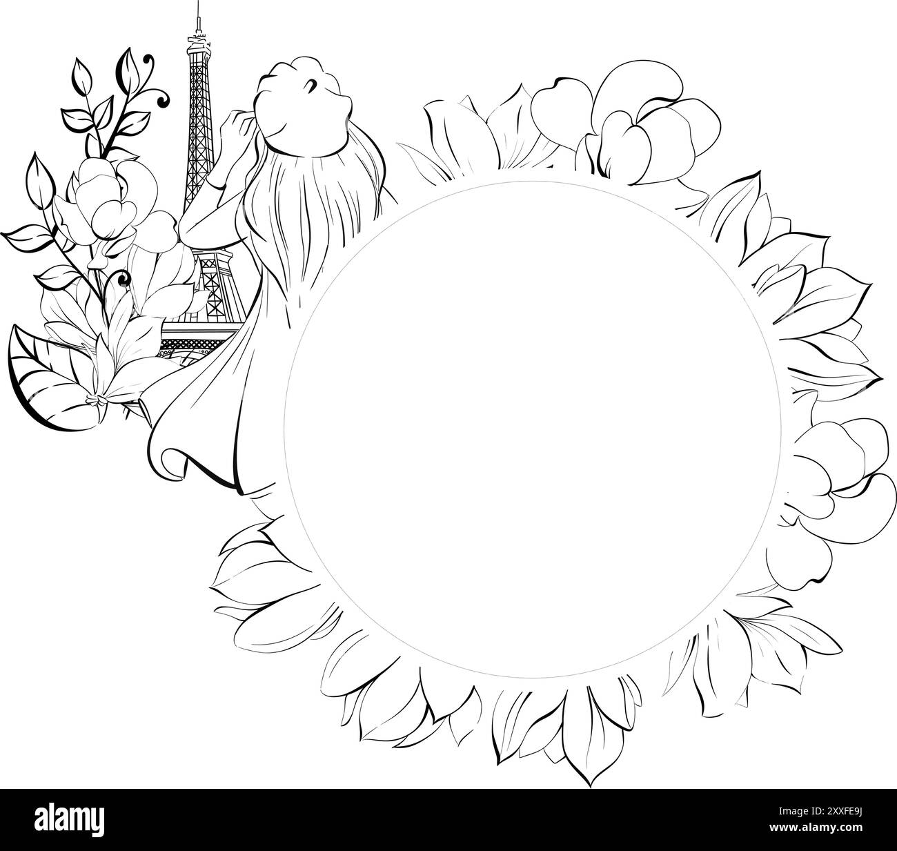 Vektor Paris Circle Frame, Vorlage mit Reise nach Frankreich, Eiffelturm, Mädchen und Magnolien. Schwarze Silhouette für Schaltkreis Stock Vektor
