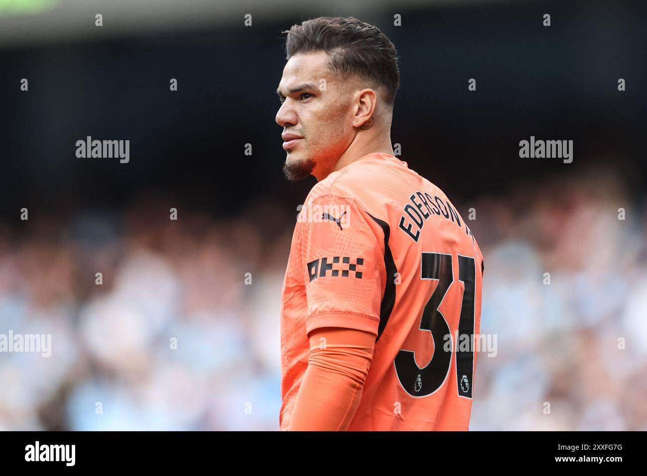 Manchester, Großbritannien. August 2024. Ederson von Manchester City während des Premier League-Spiels Manchester City gegen Ipswich Town im Etihad Stadium, Manchester, Vereinigtes Königreich, 24. August 2024 (Foto: Mark Cosgrove/News Images) in Manchester, Vereinigtes Königreich am 24. August 2024. (Foto: Mark Cosgrove/News Images/SIPA USA) Credit: SIPA USA/Alamy Live News Stockfoto