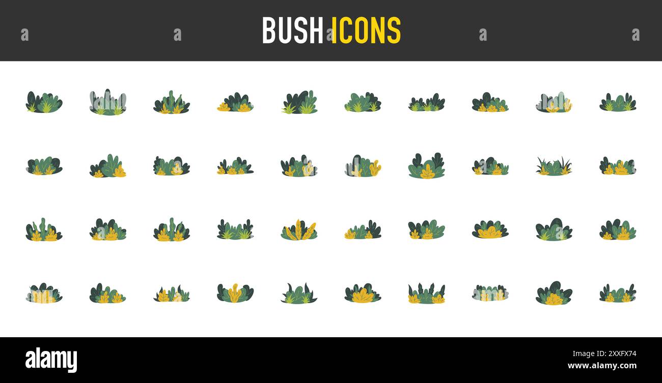 Cartoon Bush Kollektion. Set von grünen Sträuchern und Bäumen für Garten, Wald, Hecke und Feld, floristische dekorative Elemente Büsche Vektor-Illustration. Stock Vektor