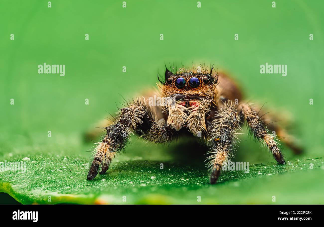 Eine springende Spinne (Salticidae) wird in einer detaillierten Makroaufnahme gesehen, bedeckt mit Wassertröpfchen und sitzt auf einem grünen Blatt. In der Nahansicht wird das hervorgehoben Stockfoto