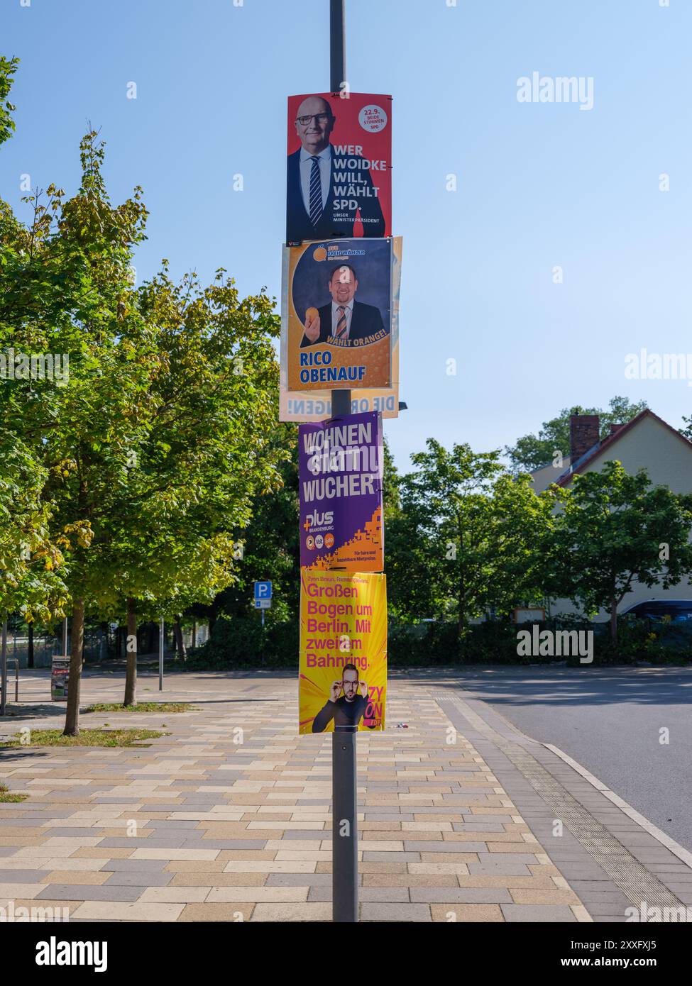 HOPPEGARTEN, DEUTSCHLAND - 24. AUGUST 2024: Politische Plakate für die landtagswahl 2024 in Brandenburg. Stockfoto