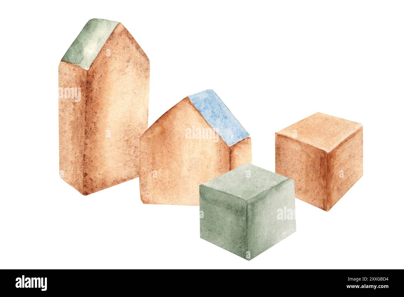ECO Baby Spielzeugbauer. Die Zusammensetzung von Holzwürfeln und Häusern. Aquarell handgezeichnete Illustration im Vintage-Stil isoliert auf weißem Hintergrund Stockfoto
