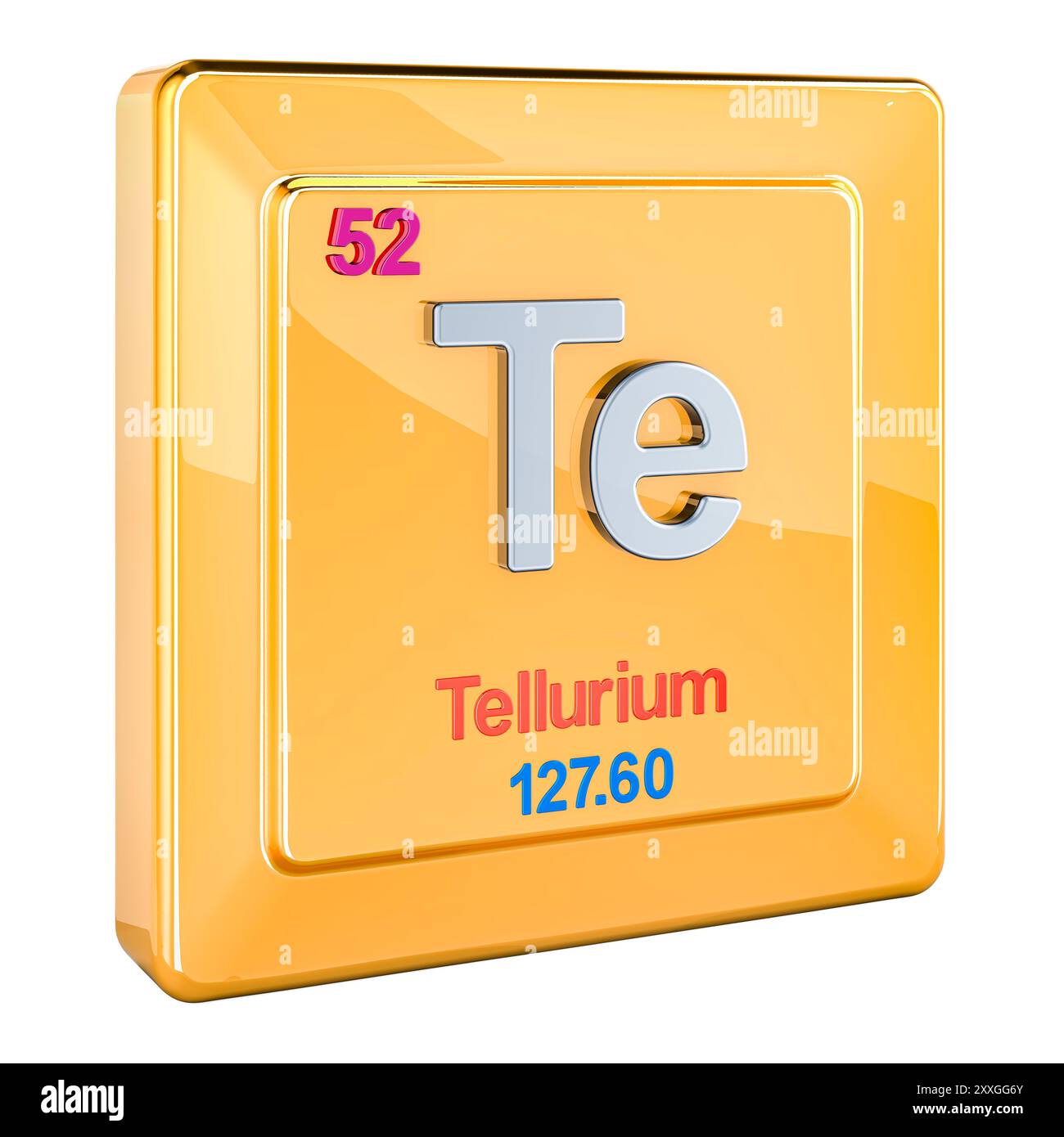 Tellurium Te, chemisches Elementzeichen mit der Nummer 52 im Periodensystem. 3D-Rendering isoliert auf weißem Hintergrund Stockfoto