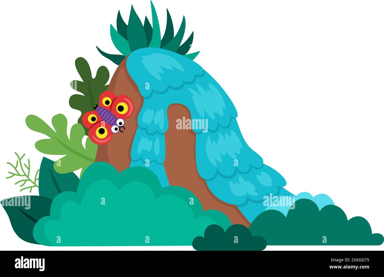 Symbol für Vektor-Wasserfall. Naturlandschaftsillustration isoliert auf weißem Hintergrund. Flaches Wasserfallbild mit Grün, Bäumen, Schmetterling. Tierwelt, Stock Vektor