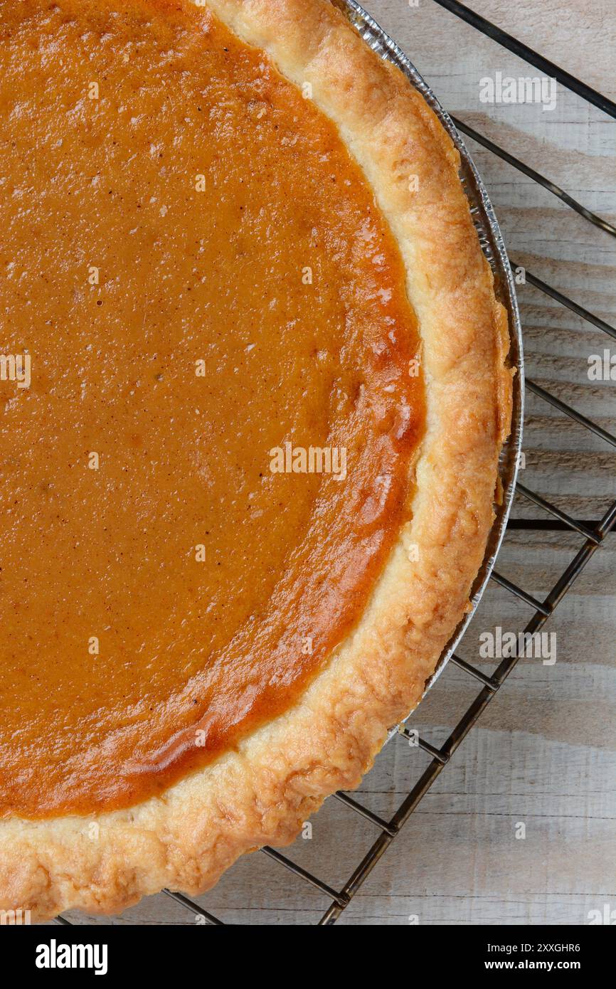 Nahaufnahme eines frisch gebackenen Kürbiskuchen auf einem Kühlregal, bereit für ein Thanksgiving-fest. Stockfoto