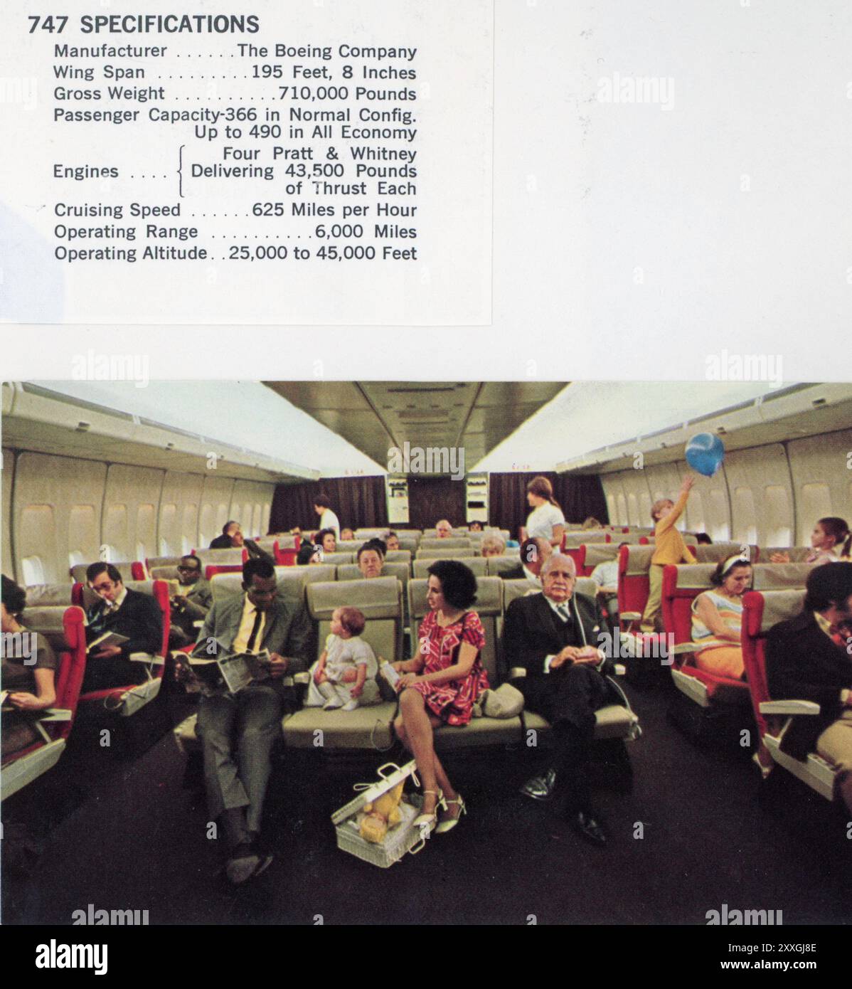 Vintage-Postkarte mit Details zu Flugzeugspezifikationen von 747 und Coach Cabin für Pan-American Airways, 1973, USA Stockfoto