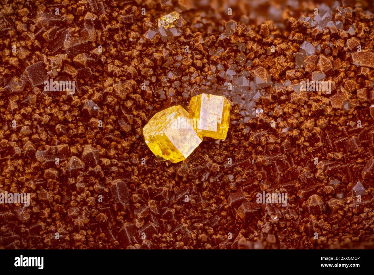 Gelbes Pyromorphit auf rotem Hämatit auf Quarz. Exemplar aus der Clara Mine, Deutschland. Mikrofotografie extreme Nahaufnahme. Mikroskop-Mineralkristallfoto Stockfoto