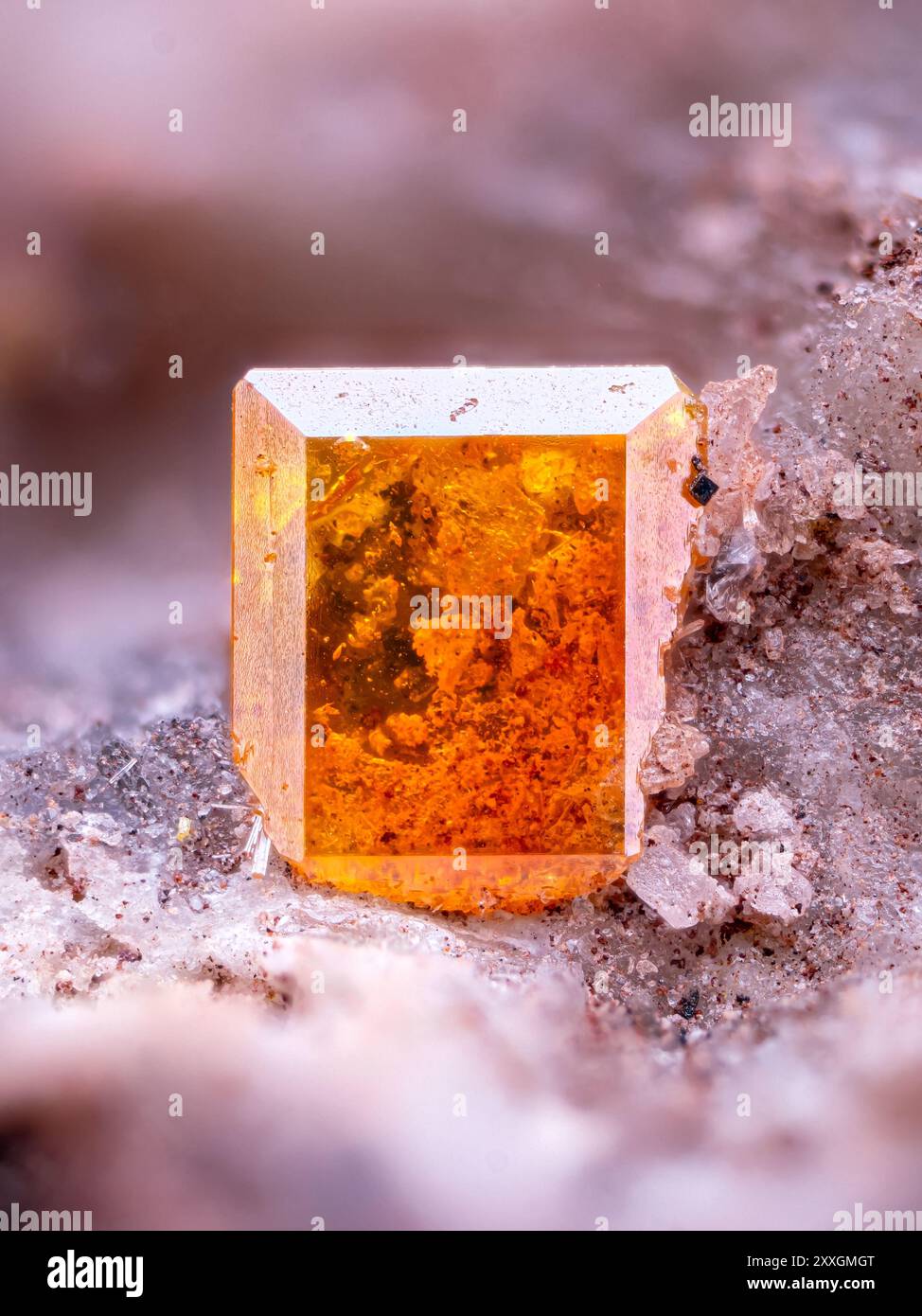 Orange Wulfenite Micro Fotografie. Von der Red Cloud Mine, La paz County, arizona, USA. Extreme Nahaufnahme. Mikroskop-Mineralkristallfotografie für Sci Stockfoto