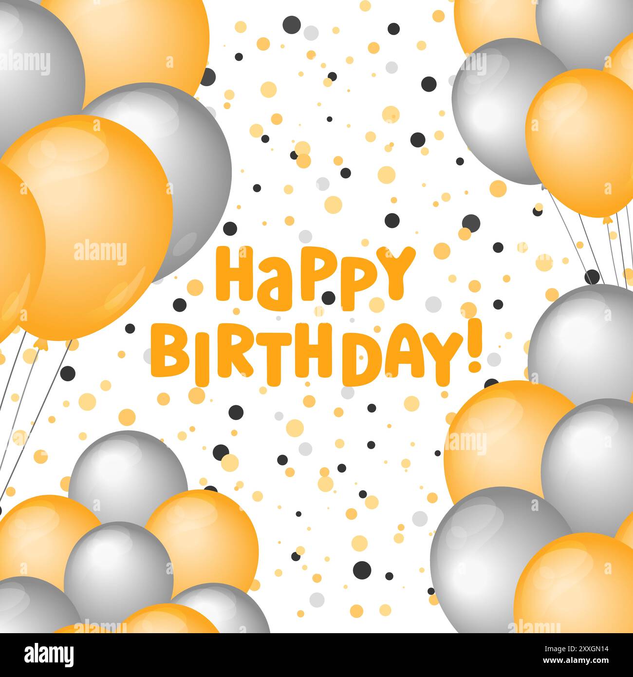 „Happy Birthday“-Kartendesign. Vektorabbildung. Vorlage für Grußkarten. Heliumballons Gold und Silber und Text. Lustige Feier Postc Stock Vektor