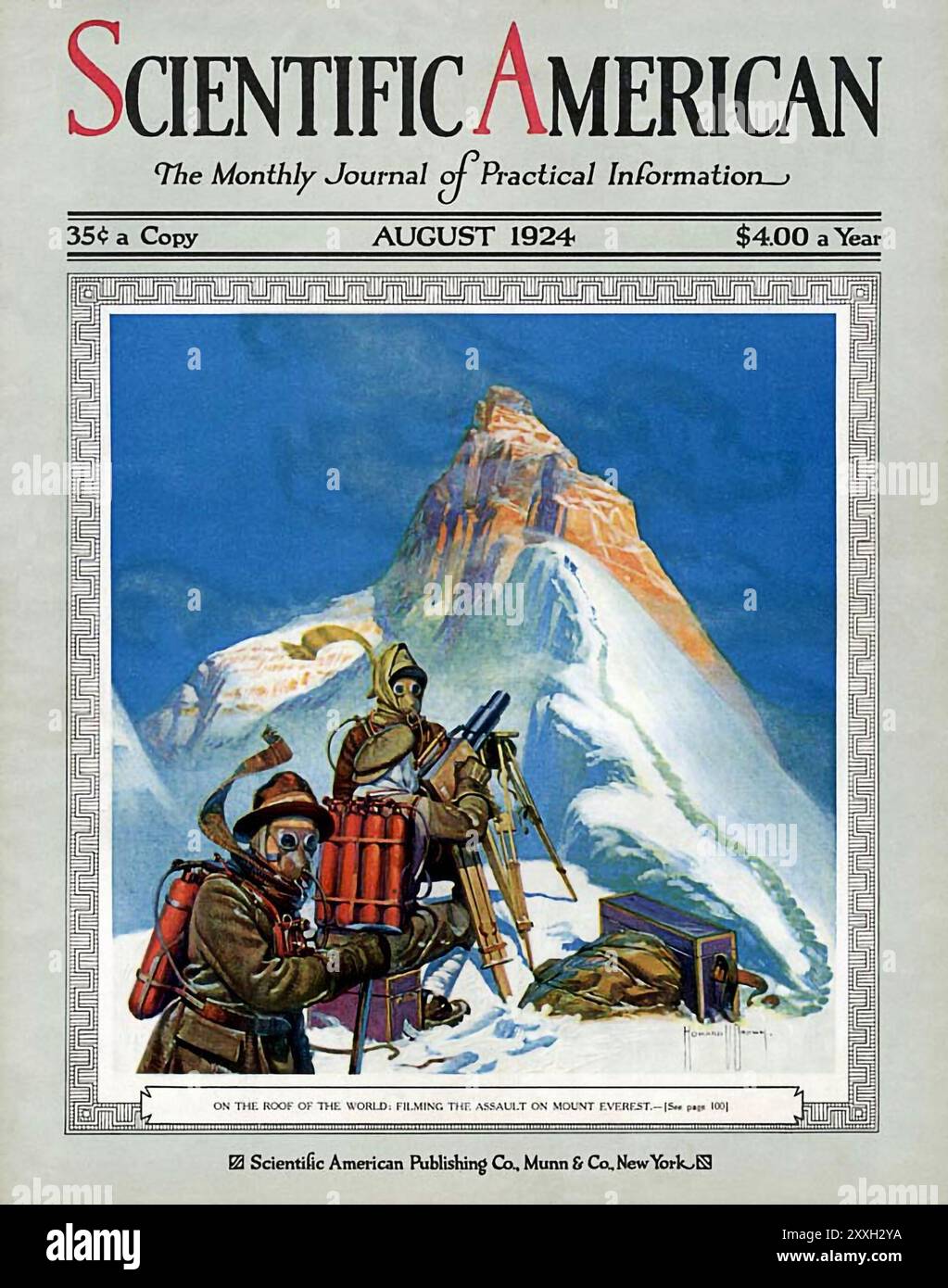 Vintage Scientific American Cover, August 1924 - Dreharbeiten zum Sturm auf dem Mount Everest Stockfoto