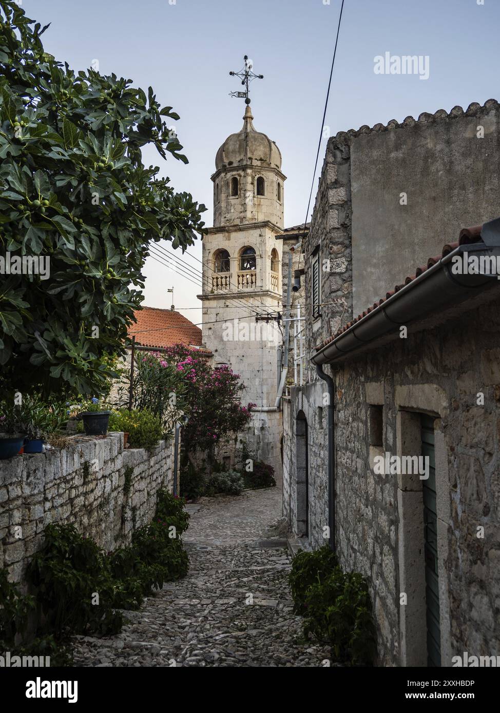 Kirchturm, Natursteinhäuser, Sepurin, Prvic Island, Dalmatien, Kroatien, Europa Stockfoto