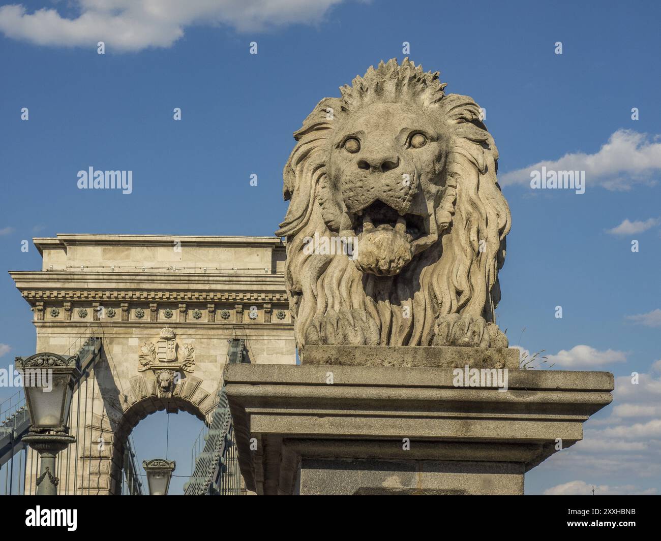 Nahaufnahme einer Löwenstatue vor einer Brücke unter blauem Himmel in Budapest, budapest, donau, ungarn Stockfoto