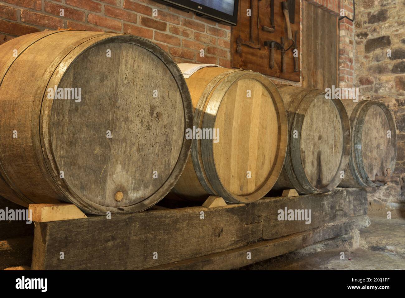 Alte Weinfässer in einem Kellerraum Stockfoto