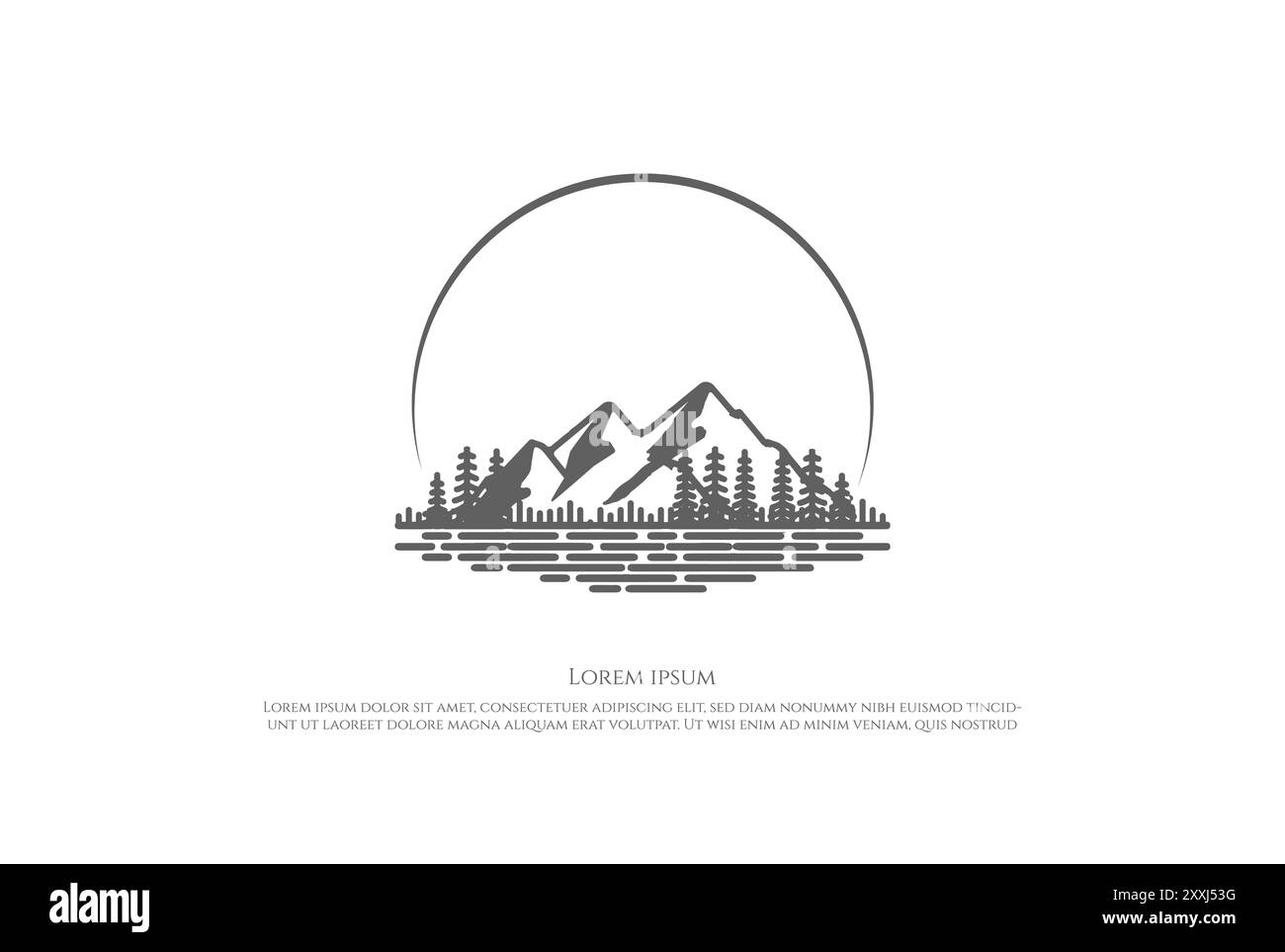 Sonnenuntergang Sonnenaufgang Kiefer Zeder Fichte Nadelholz Lärche Zypresse Evergreen Tanne Bäume Wald mit Lake River Creek Linie Stil Logo Design Vektor Stock Vektor