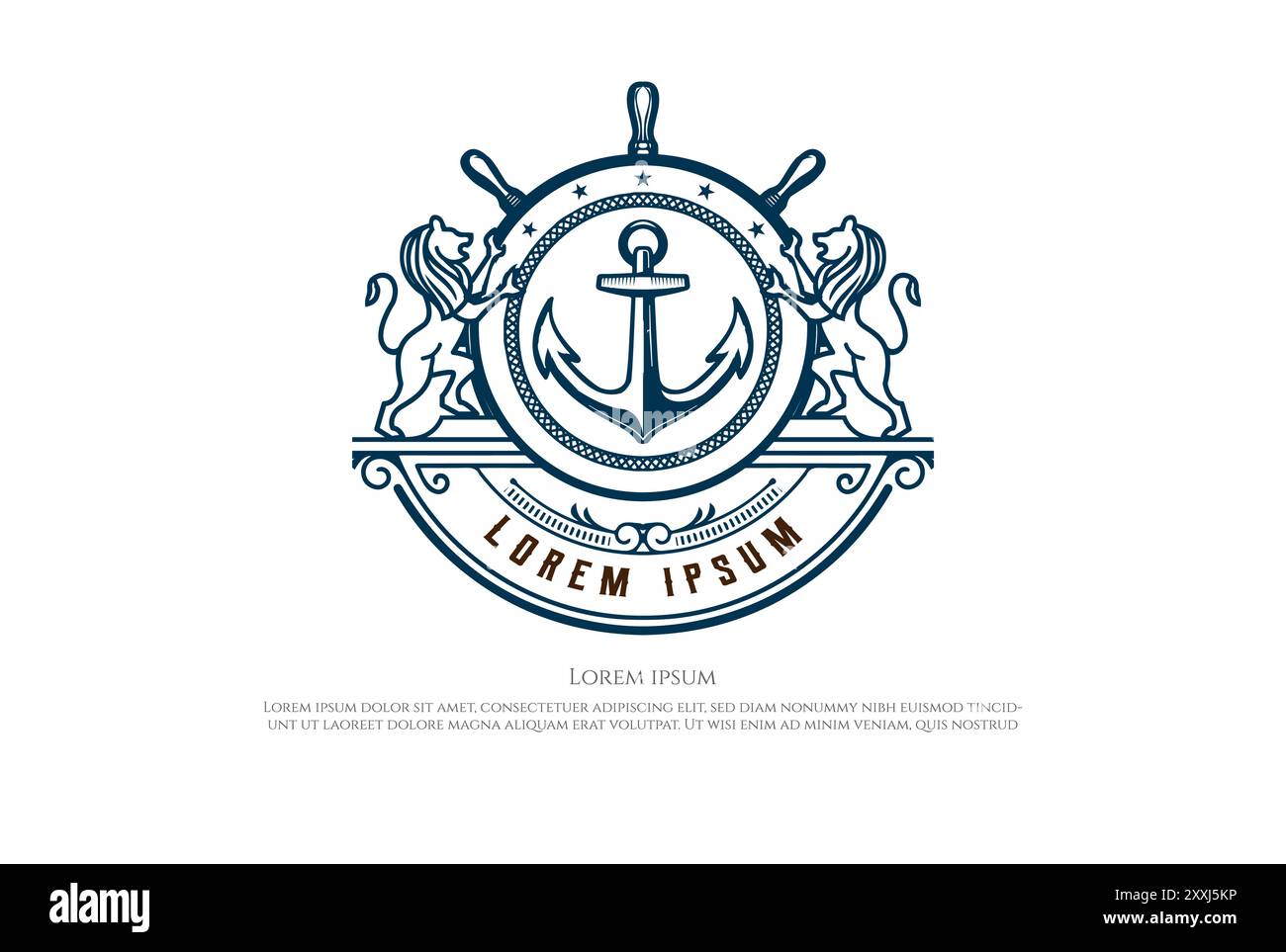 Löwe König Krone mit Lenkrad, Anker und Seil für Nautical Marine Boot Schiff Abzeichen Emblem Logo Design Vektor Stock Vektor