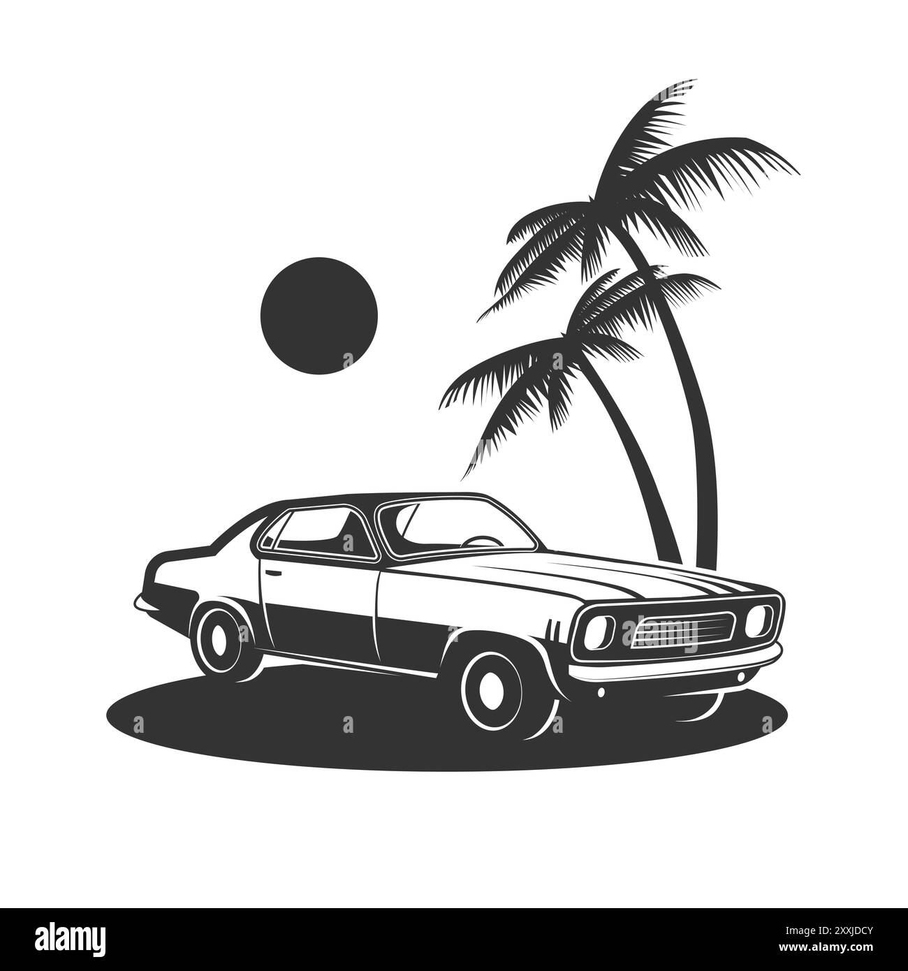 Klassisches Vintage-Retro-Auto und Handballendesign. Vektorsilhouette. Designelement für Logo, Schild, Emblem. Retro-Stil. Stock Vektor