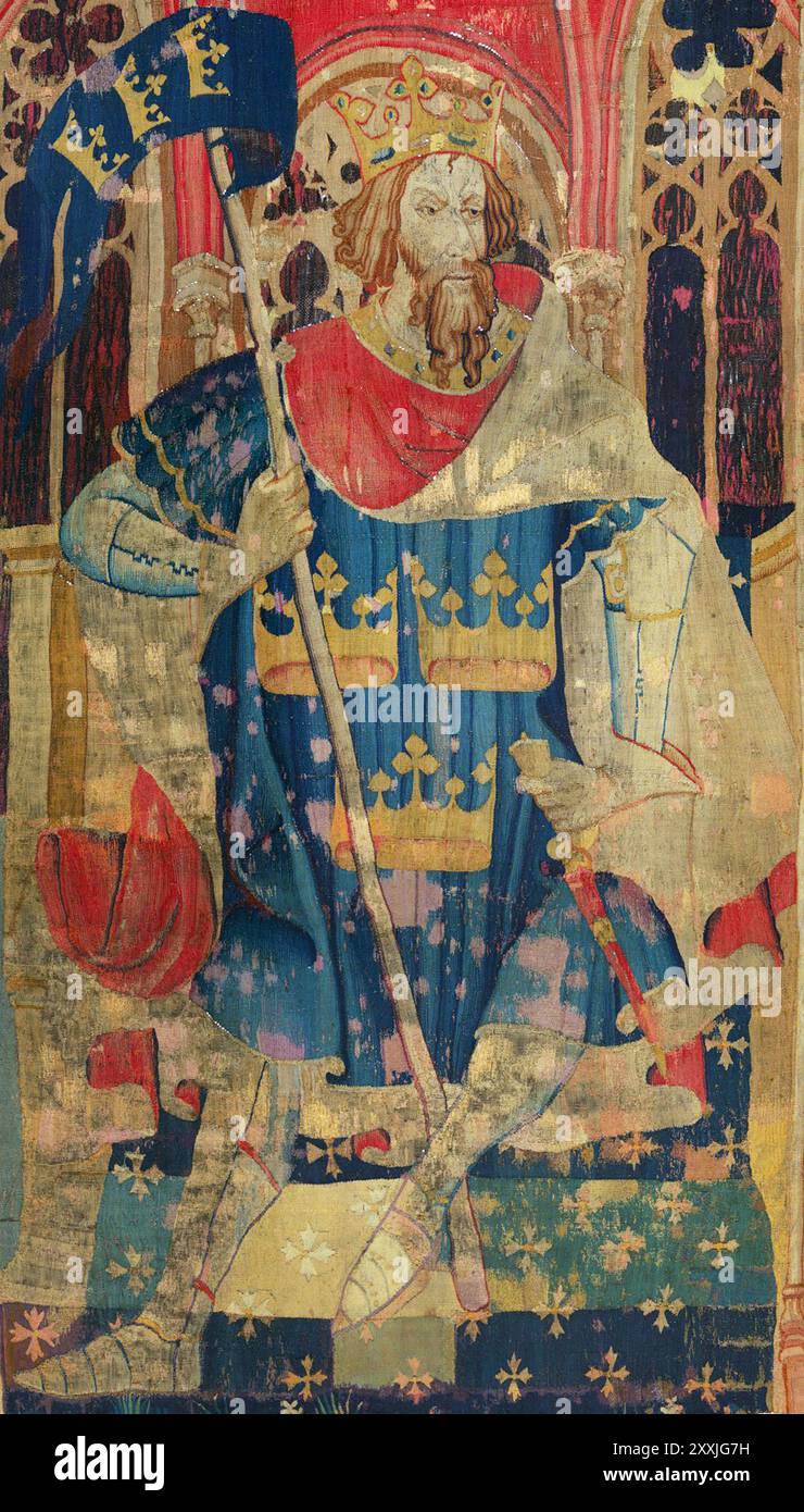 Ein Wandteppich, der Arthur als einer der neun Worthies zeigt und ein Wappen trägt, das ihm oft zugeschrieben wird,[1] um 1385 Stockfoto