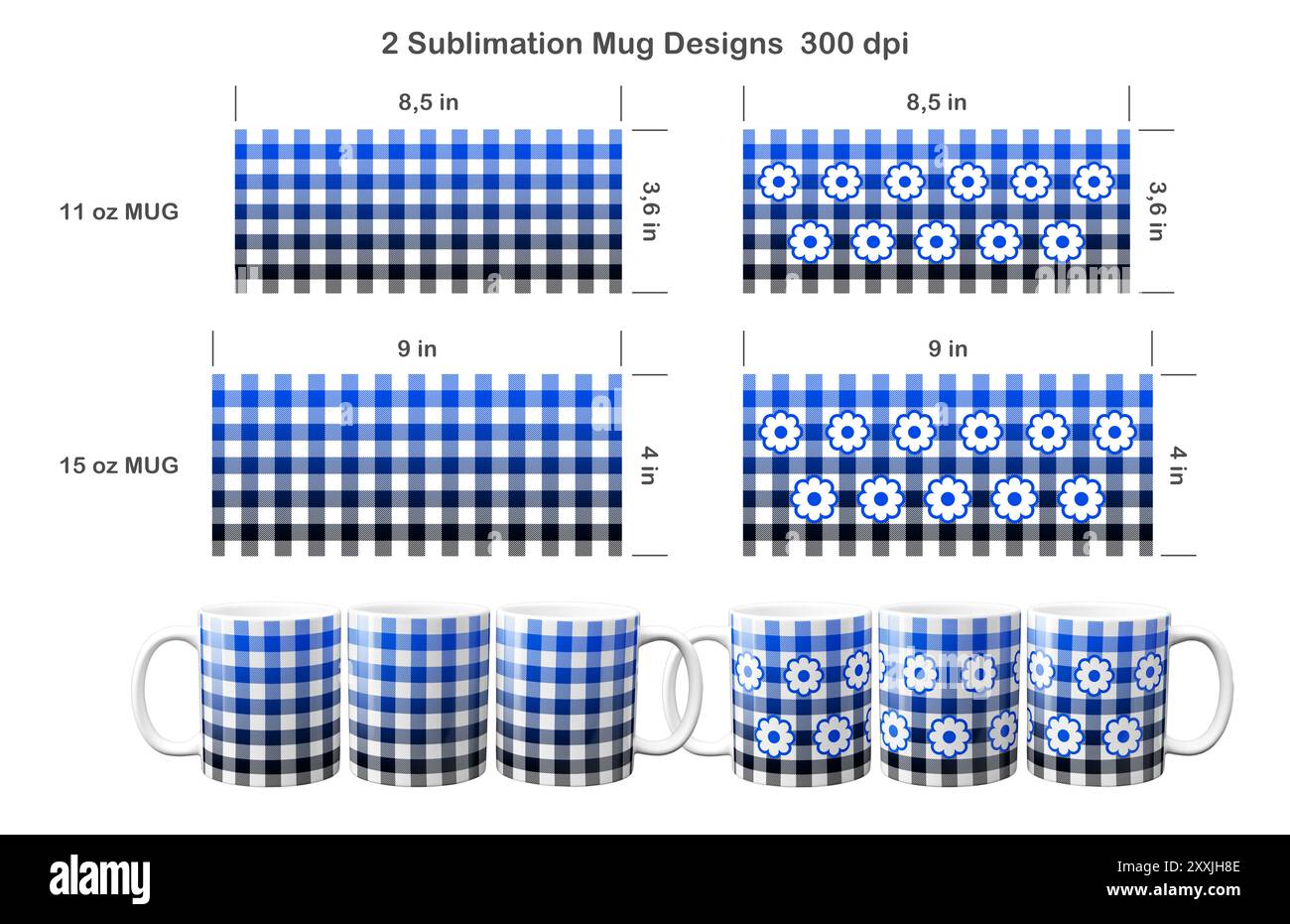 Set mit 2 Büffelkarienmustern. Sublimationsschablone für Kaffeetasse mit 11 ml und 15 ml Stockfoto