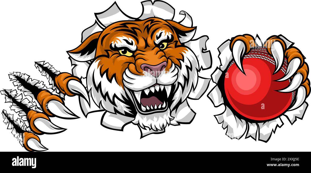 Tiger Cricket Ball Tiersport-Team Maskottchen Stock Vektor