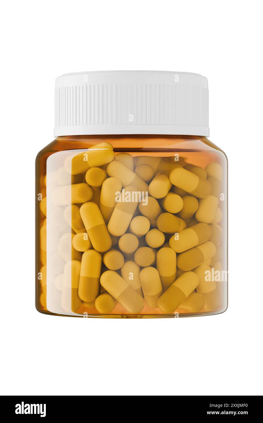 Bernsteinfarbene Glasdose mit weißen und blauen Kapseln von Antibiotika, Lebensmittelzusatzstoffen, Medikamenten. Mockup eines Glasbehälters von Bernstein mit Kapseln diätetischer Nahrung Stockfoto