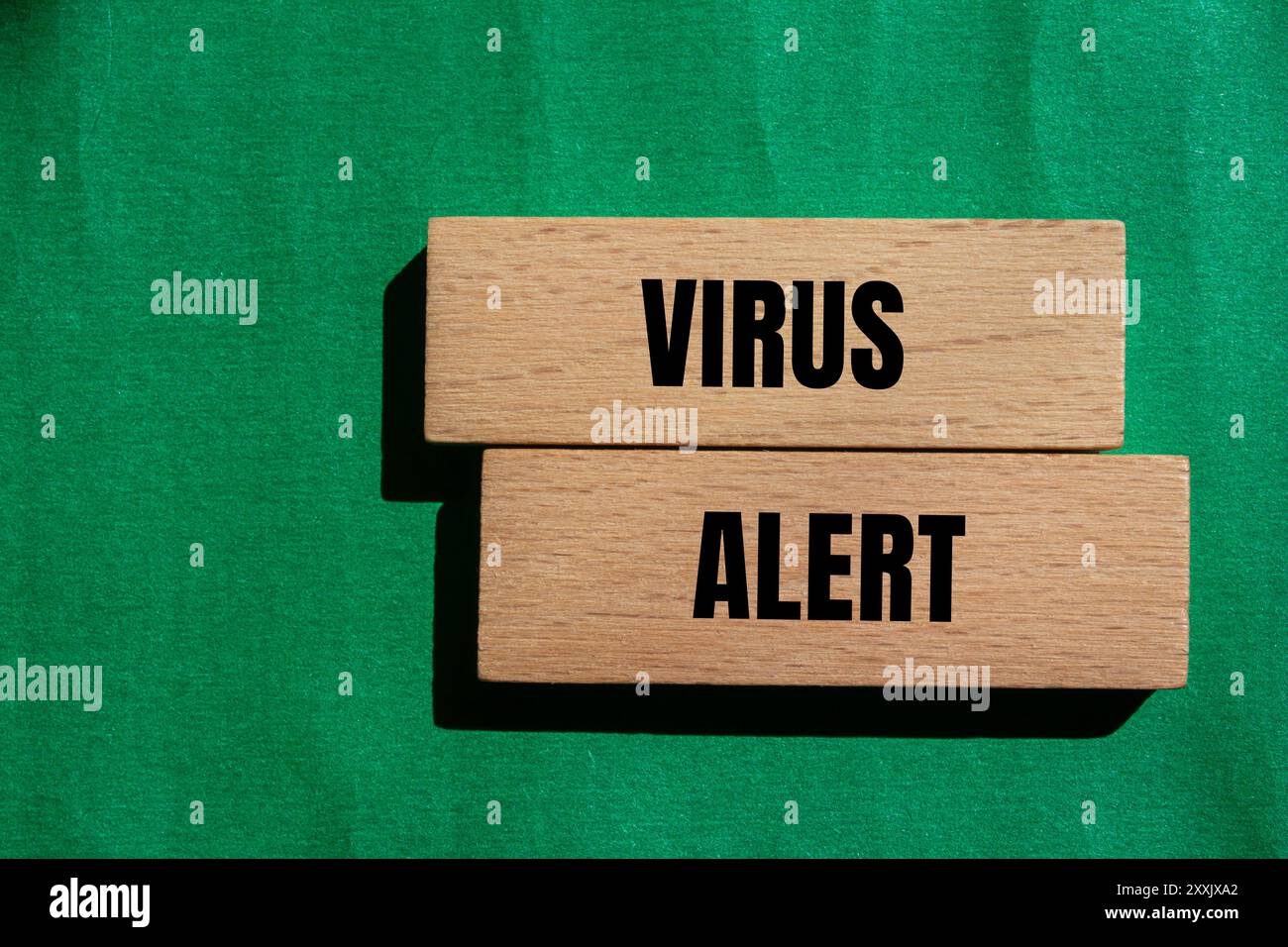 Viruswarnmeldung auf Holzblöcken mit grünem Hintergrund geschrieben. Konzeptionelles Virus-Warnsymbol. Kopierbereich. Stockfoto