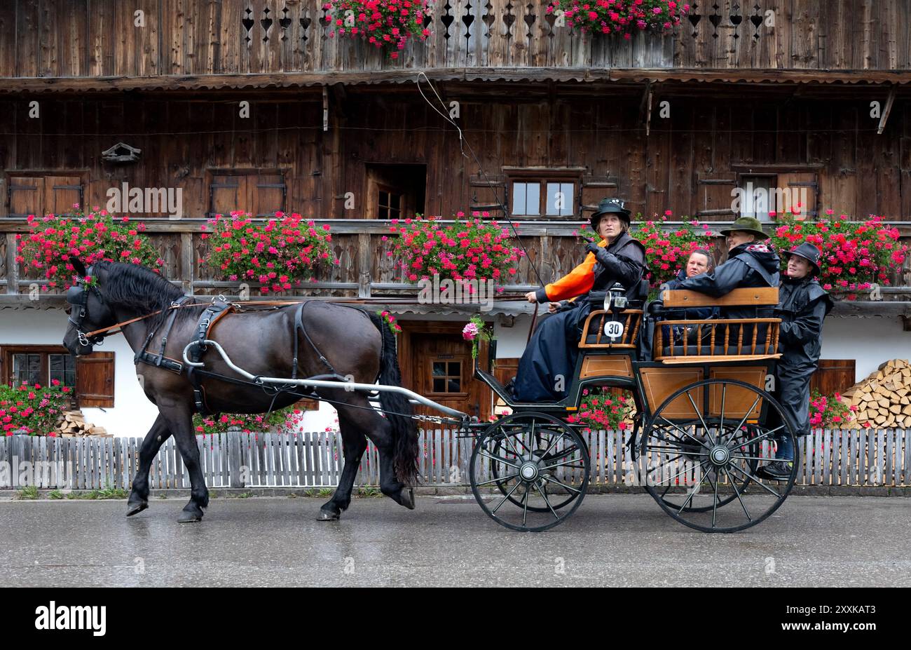 Rottach Egern, Deutschland. August 2024. Die Teilnehmer des Rosstags nehmen mit ihren Pferden an der Parade Teil. Unter dem Motto „d'Fuhrleit kemman z'am“ (die Karren kommen zusammen) ziehen zahlreiche Pferdekutschen durch das Dorf und fahren nach dem Segen zu einem Festplatz. Quelle: Sven Hoppe/dpa/Alamy Live News Stockfoto