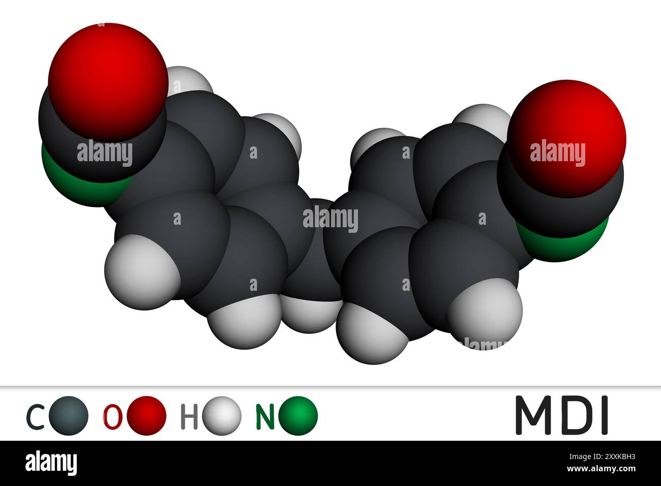 Methylendiphenyldiisocyanat, MDI-Molekül. Es ist ein Kernbestandteil der Polyurethansynthese. Molekulares Modell. 3D-Rendering. Abbildung Stockfoto