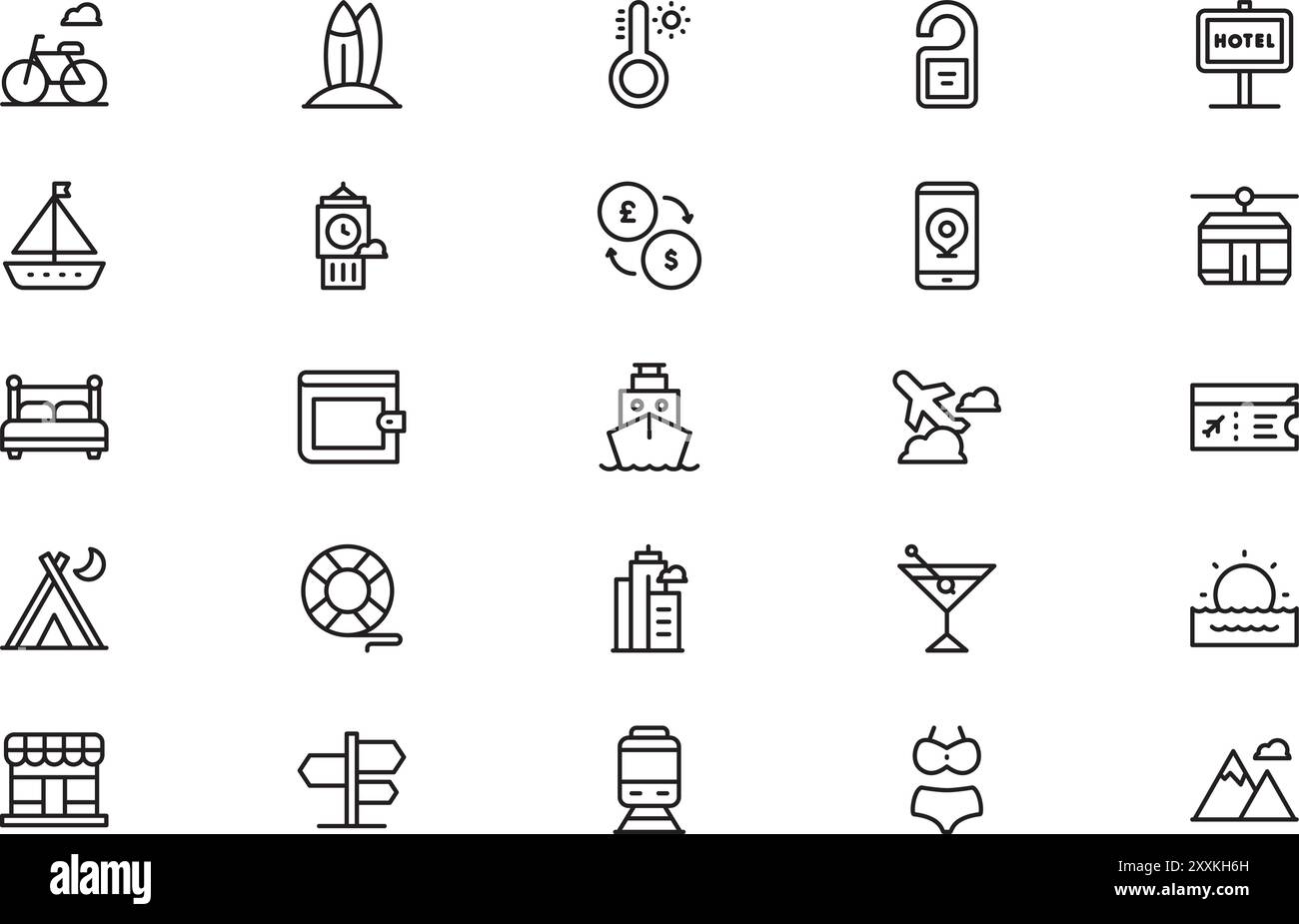 Die Sammlung der Tourismussymbole ist eine Vektorillustration mit bearbeitbarem Strich. Stock Vektor