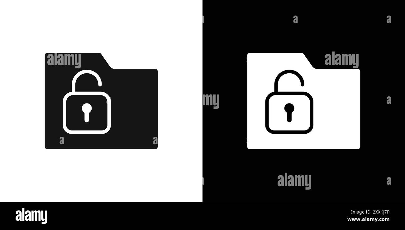 Ordnersymbol entsperren Logozeichen Vektorkontur in Schwarz-weiß Stock Vektor
