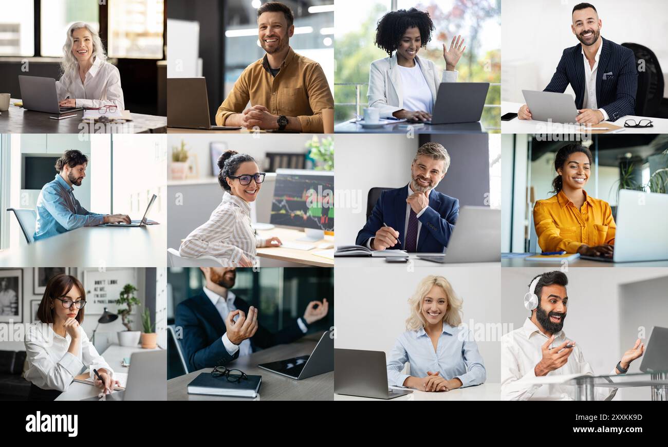 Gruppe von Fachleuten, die von Home Offices aus an virtuellen Meetings teilnehmen Stockfoto