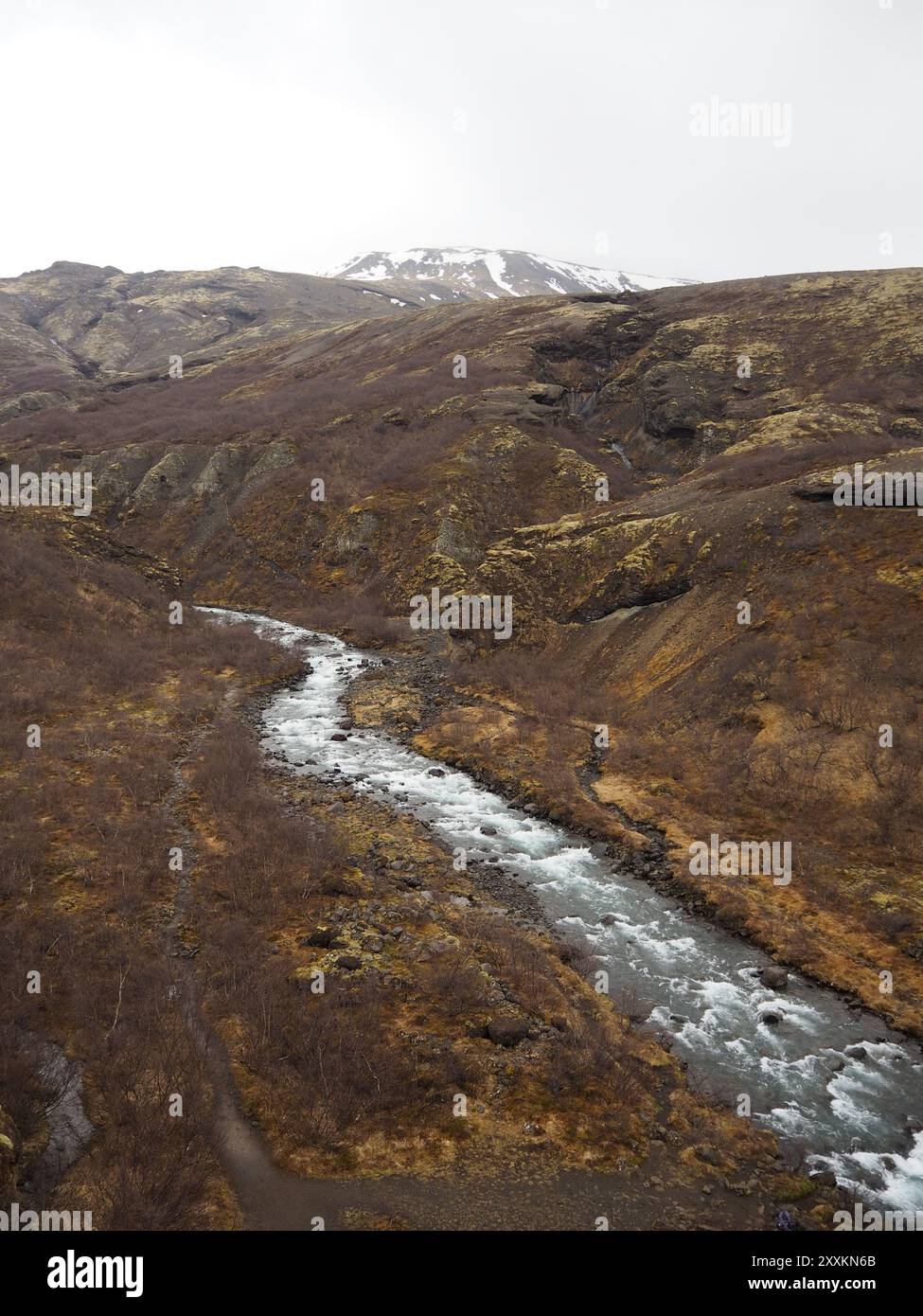 Ein rauschender Fluss schlängelt sich durch eine zerklüftete Landschaft unter schneebedeckten Gipfeln und schafft eine dynamische und fesselnde Szene voller natürlicher Schönheit und rauer Powder Stockfoto