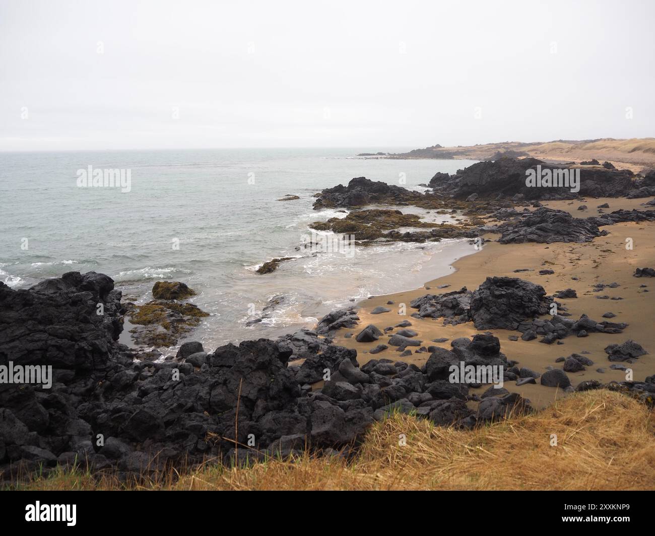 Wellen Rollen über schwarze vulkanische Felsen, die entlang dieses Sandstrandes verstreut sind, und schaffen ein Gefühl von friedlicher Schönheit und rauer Natur unter einem bedeckten Himmel, perfekt Stockfoto