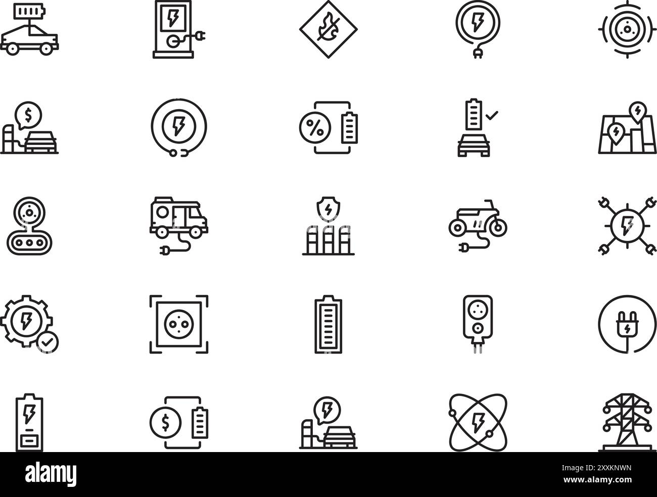 Die Icons-Sammlung der elektrischen Station ist eine Vektorillustration mit bearbeitbarem Kontur. Stock Vektor