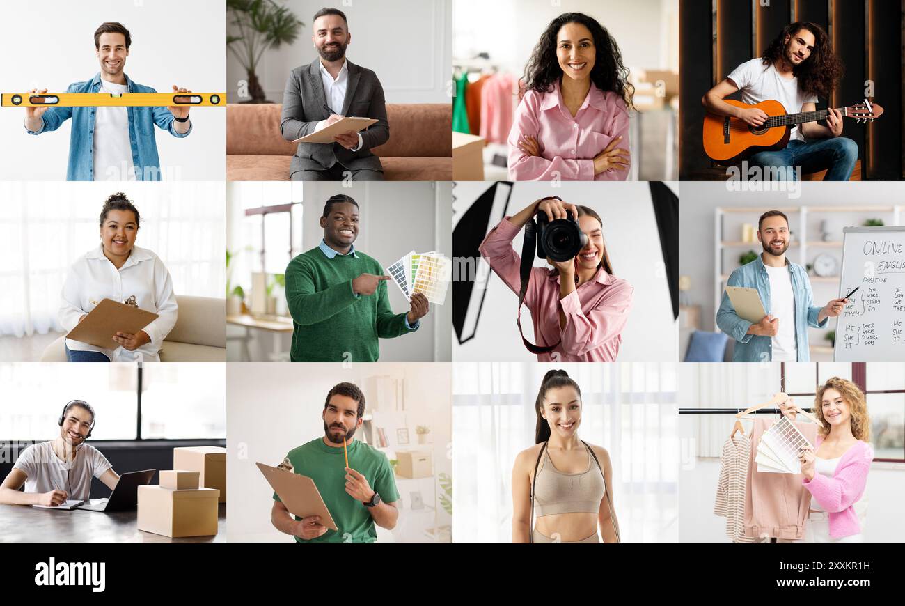 Verschiedene Gruppe von Einzelpersonen, die in verschiedenen Berufen und Tätigkeiten tätig sind Stockfoto